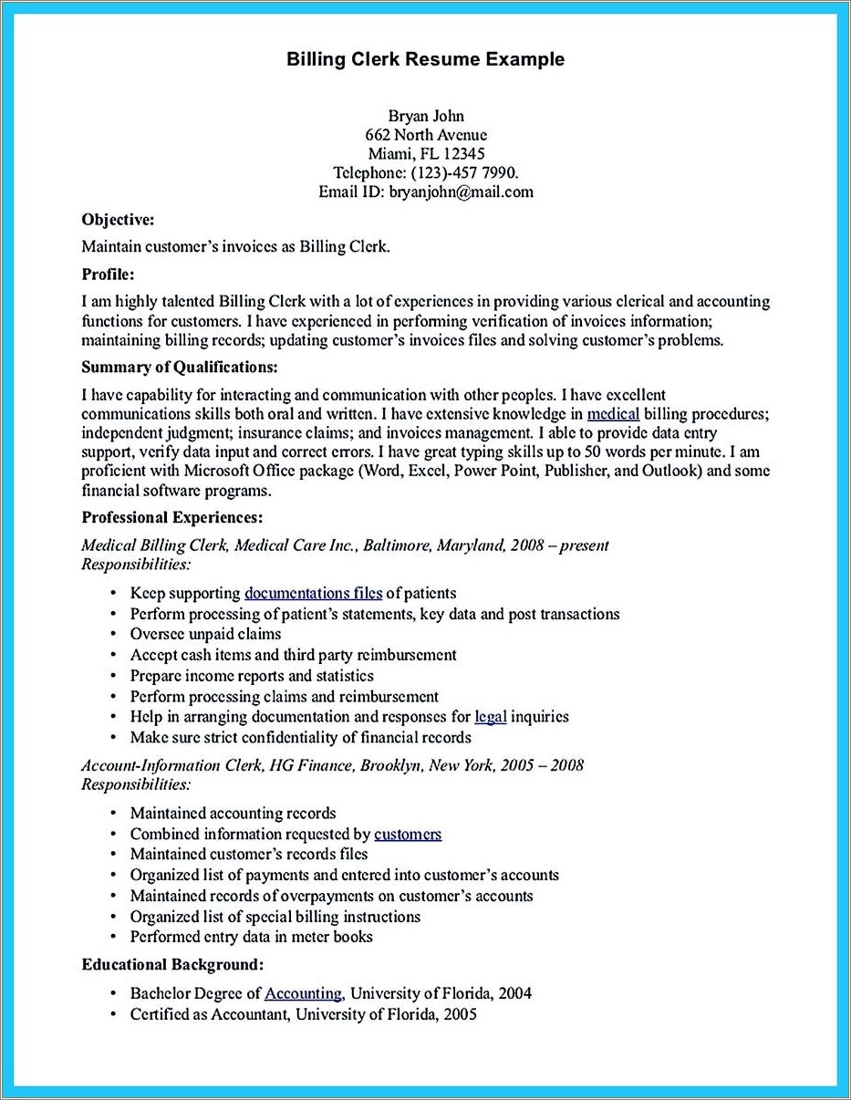 Resume Examples For Medical Billing Specialist