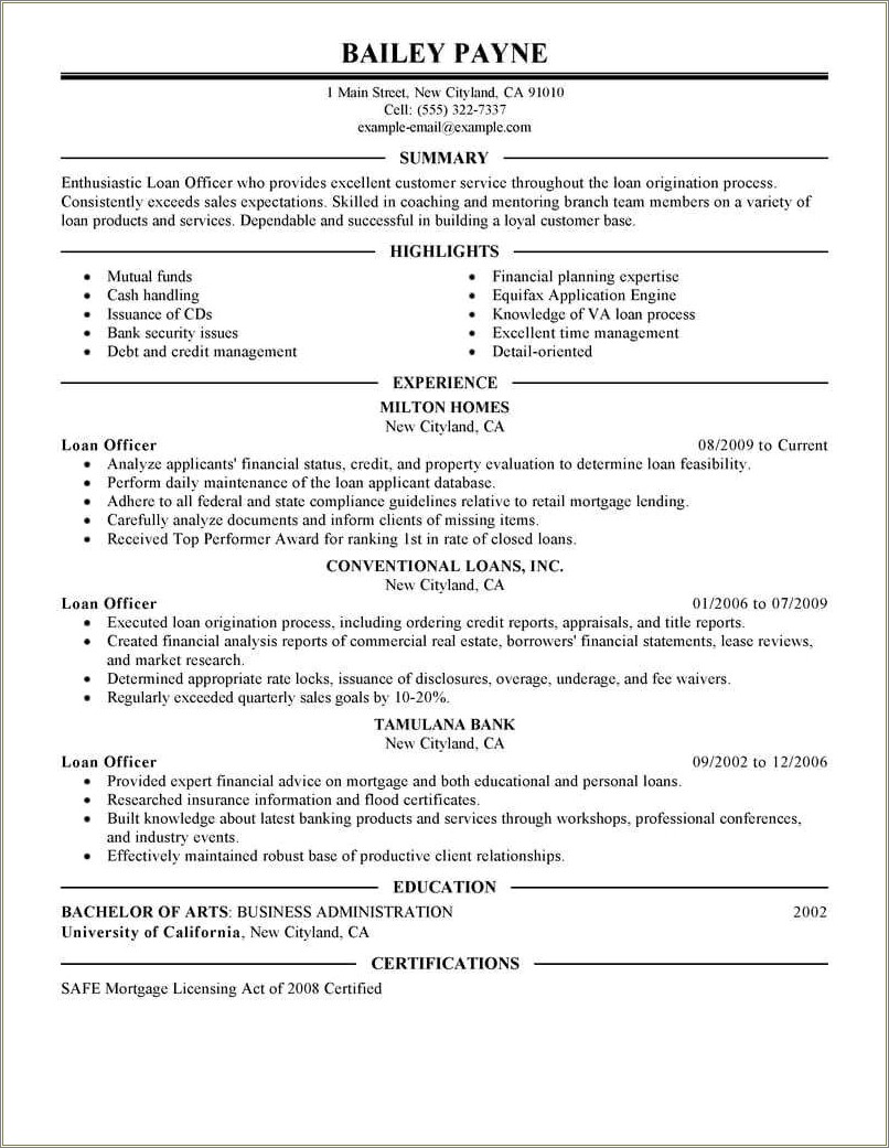 Resume Examples For Mortgage Loan Officer