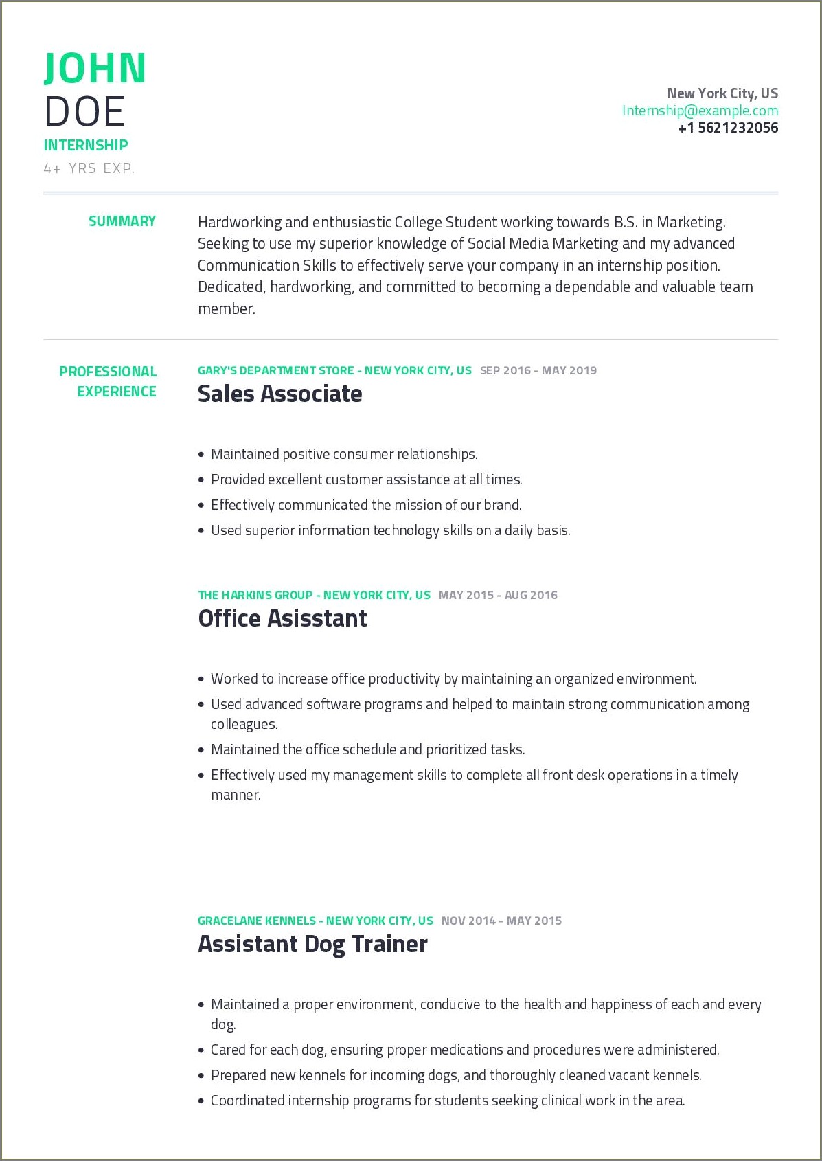 Resume Examples For Obtaining An Intership