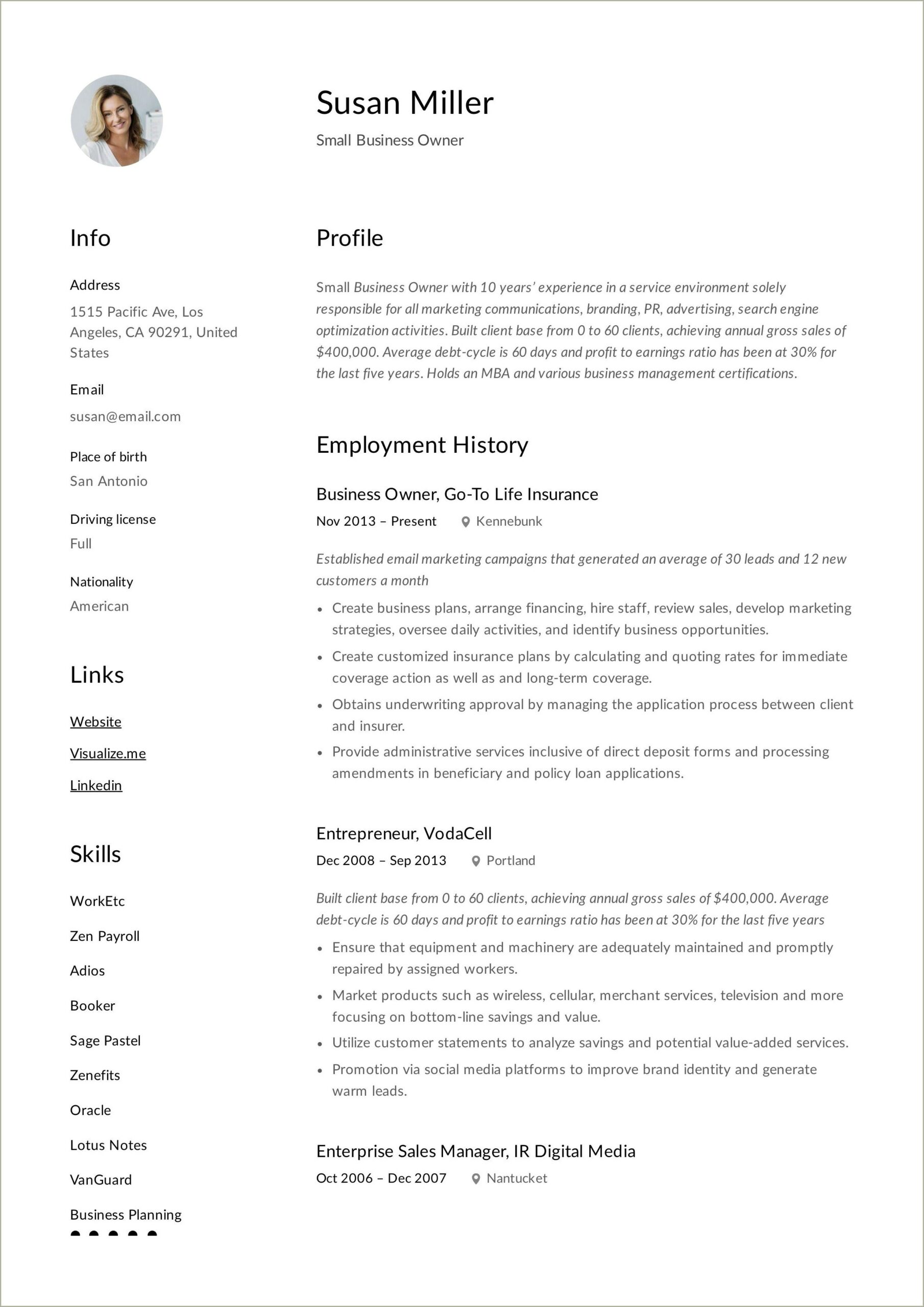 Resume Examples For Owner Of Small Business