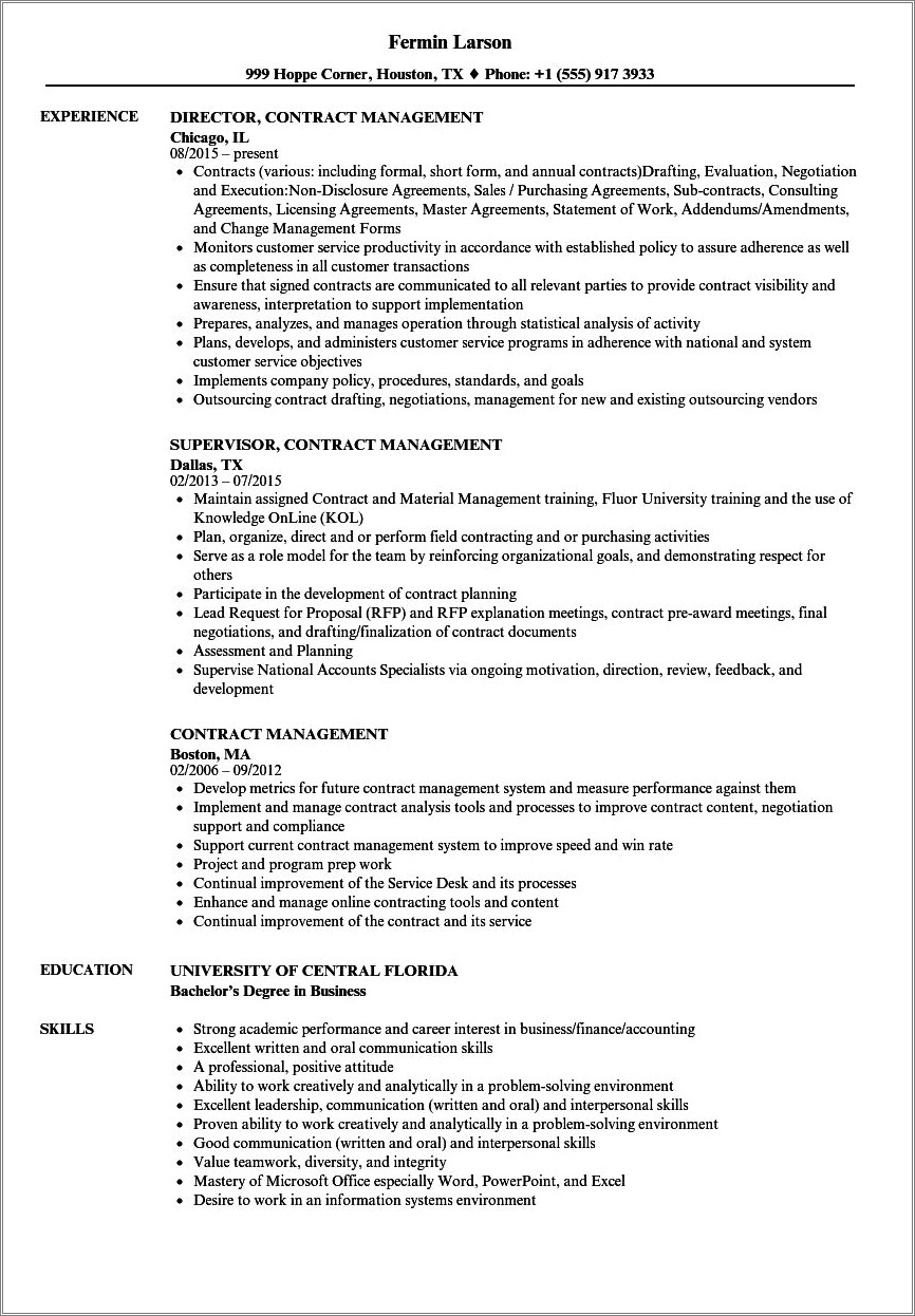 Resume Examples For Program Management Of Government Contracts