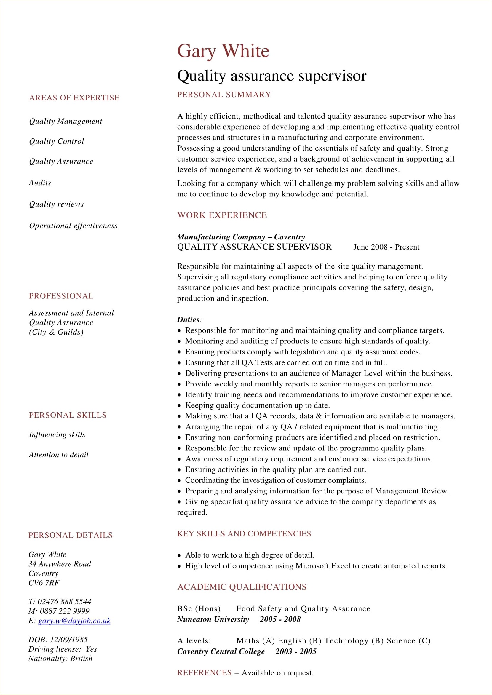 Resume Examples For Quality Assurance On Parts