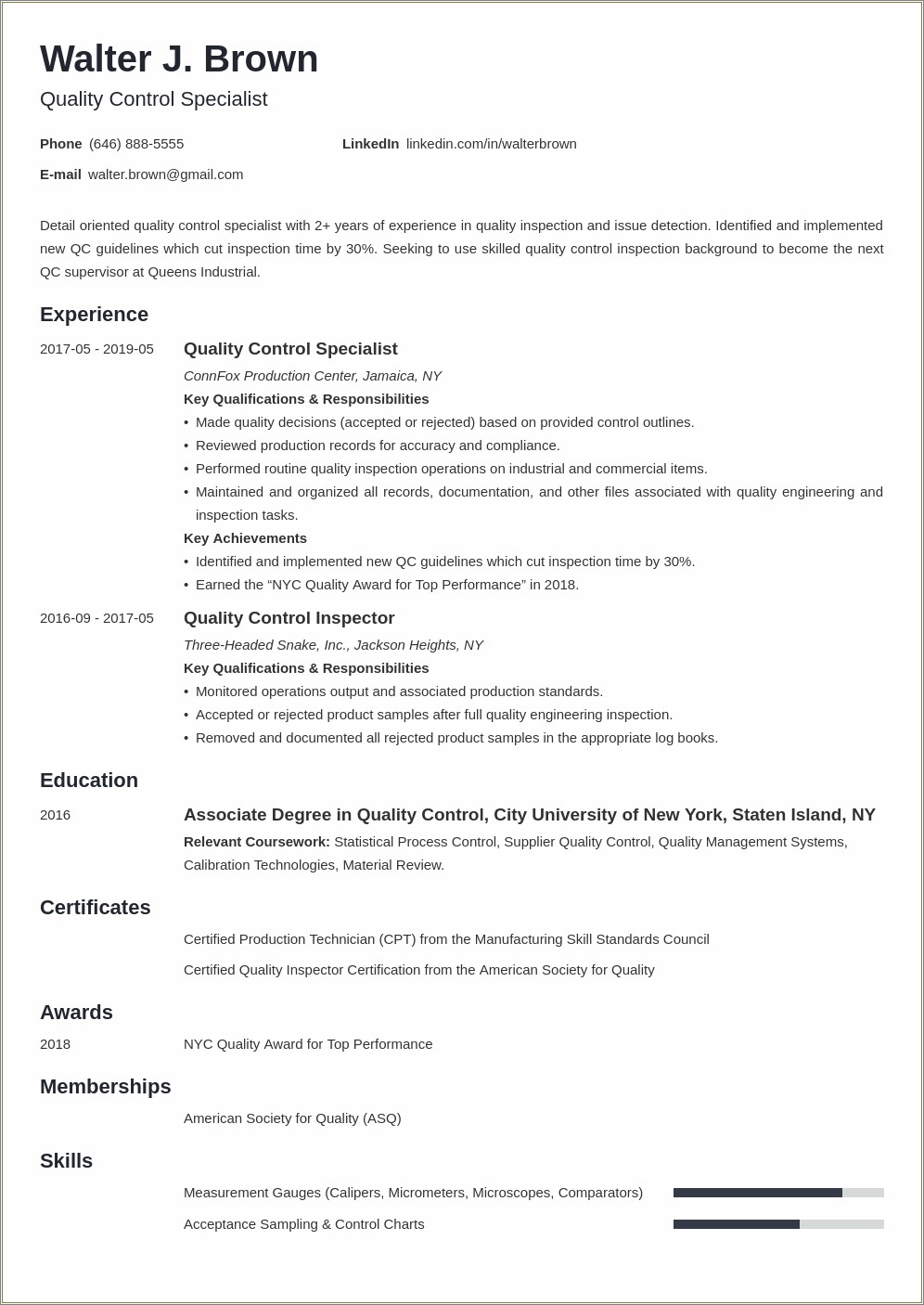 Resume Examples For Quality Control Assistant