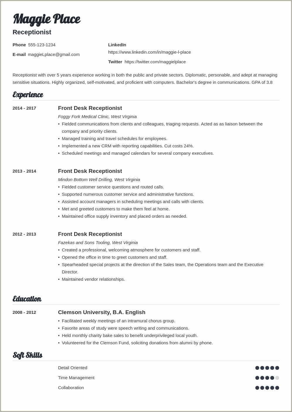 Resume Examples For Receptionists And Dietary