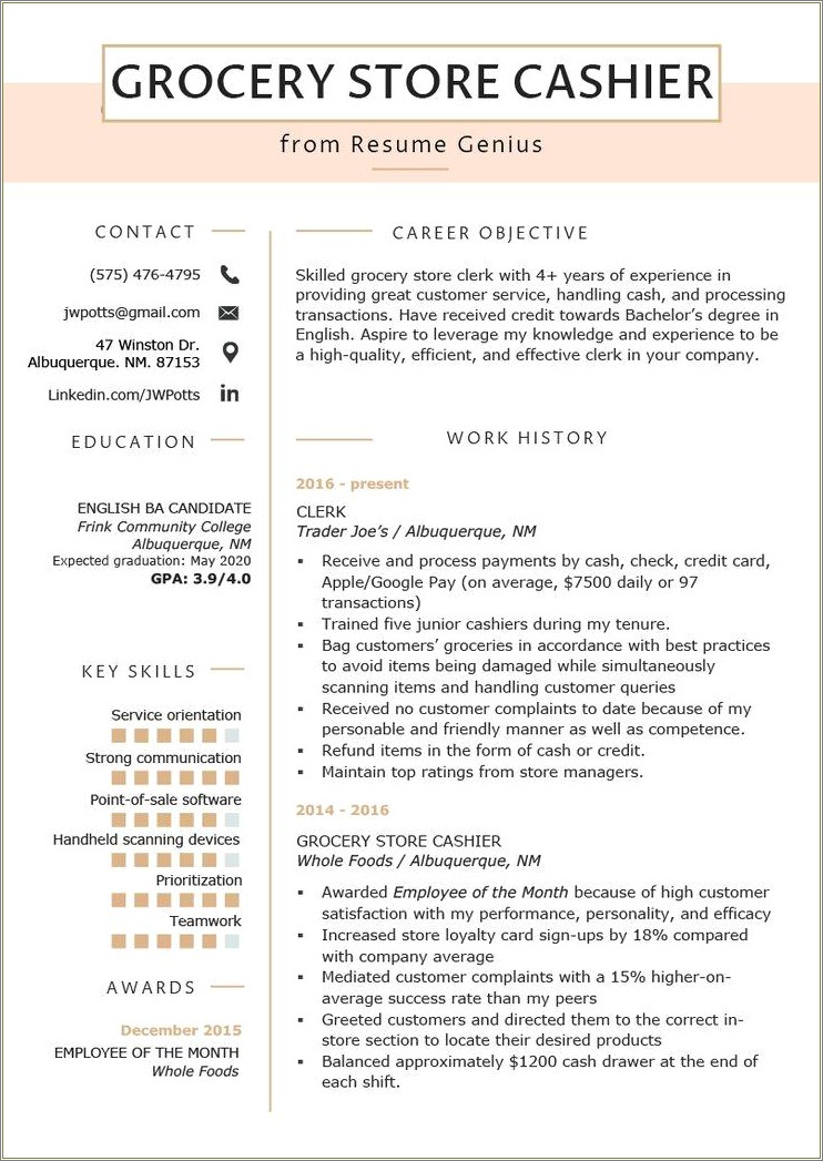 Resume Examples For Restaurant Cashier Position