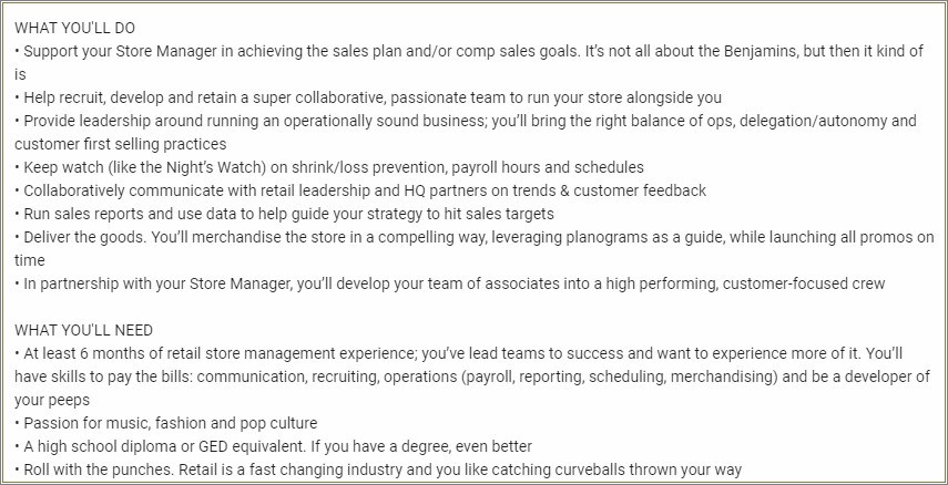 Resume Examples For Retail Assistant Managers
