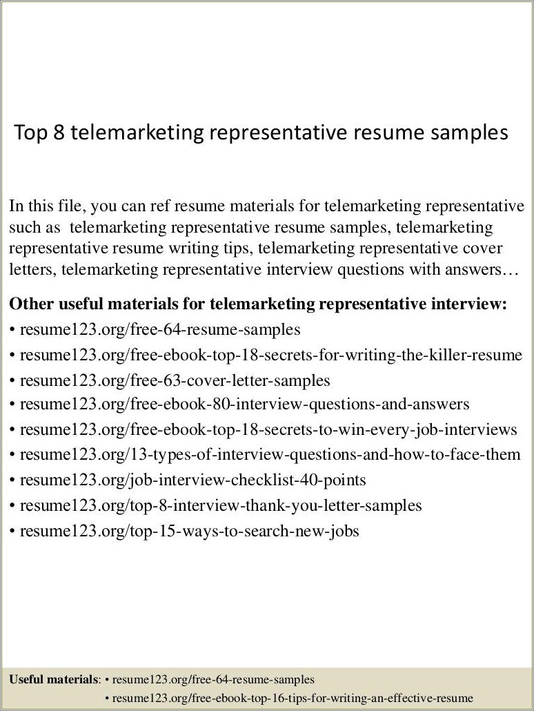 Resume Examples For Sales And Telemarketing