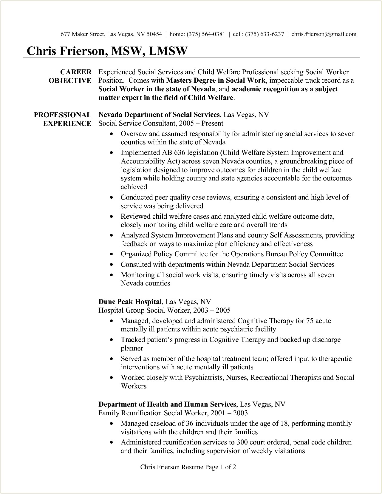 Resume Examples For Social Work Students