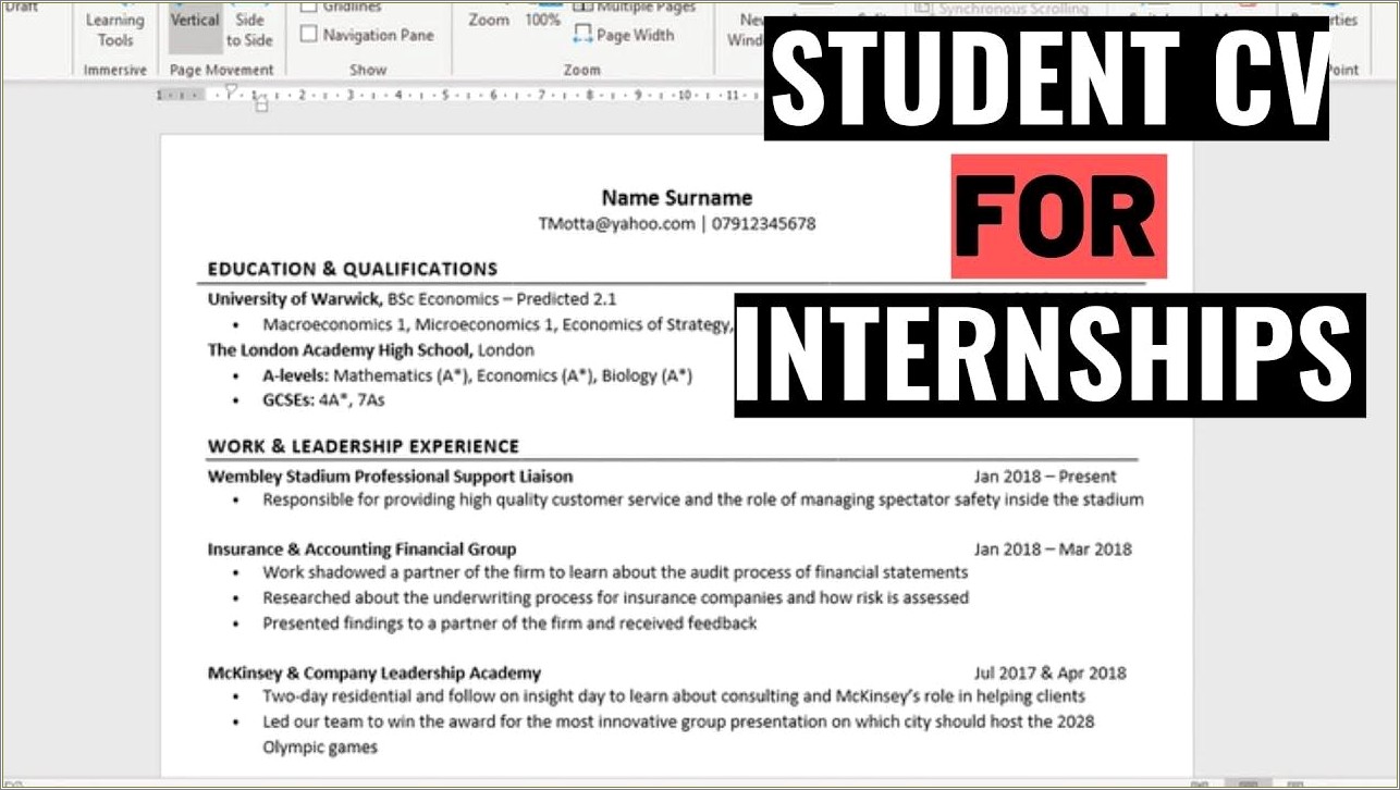 Resume Examples For Students For Internship