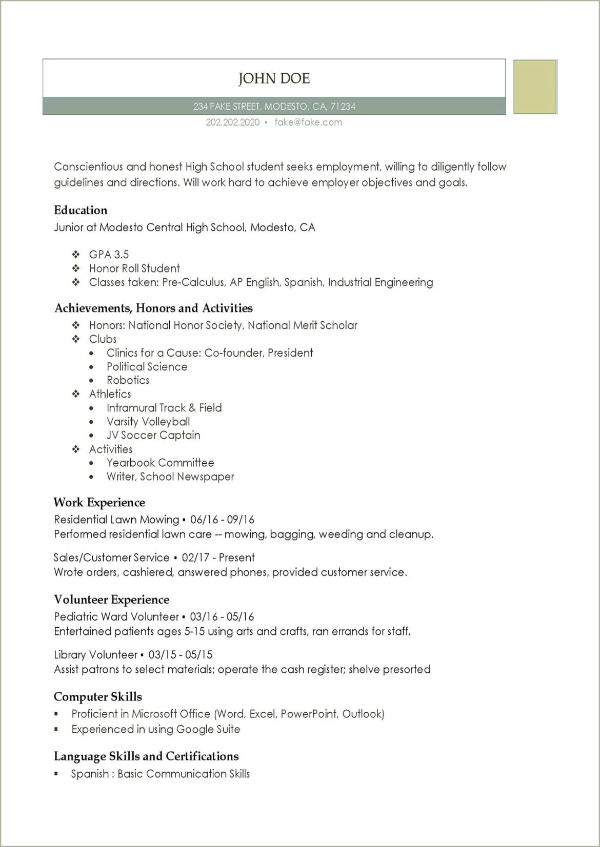 Resume Examples For Teens In High School