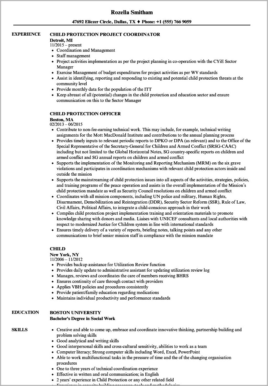 Resume Examples For Working With Kids