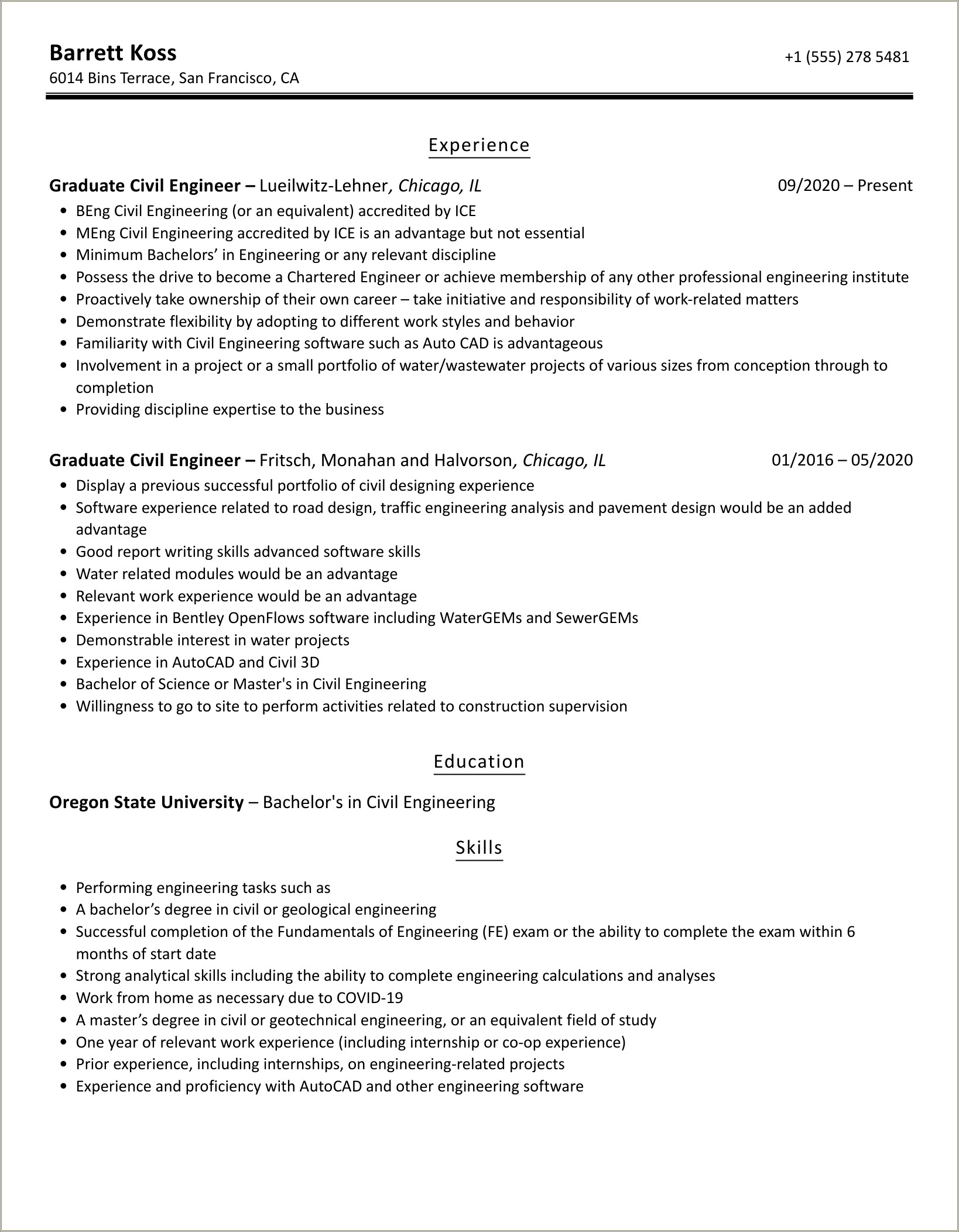 Resume Examples In Construction Graduate Engineer
