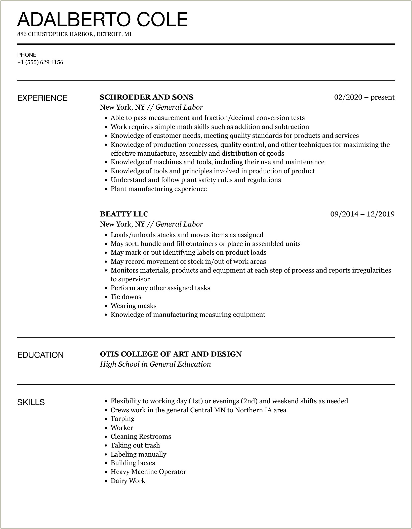 Resume Examples Manual Labor Job S