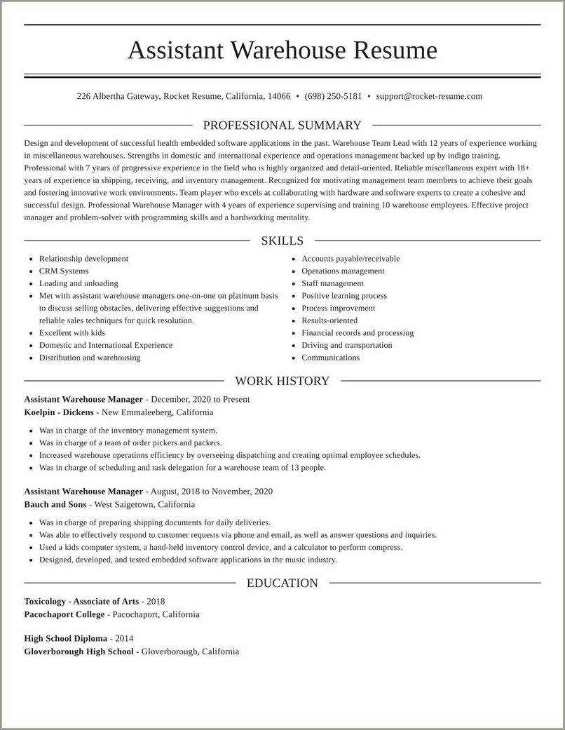 Resume Examples Of Warehouse Assistant Manager