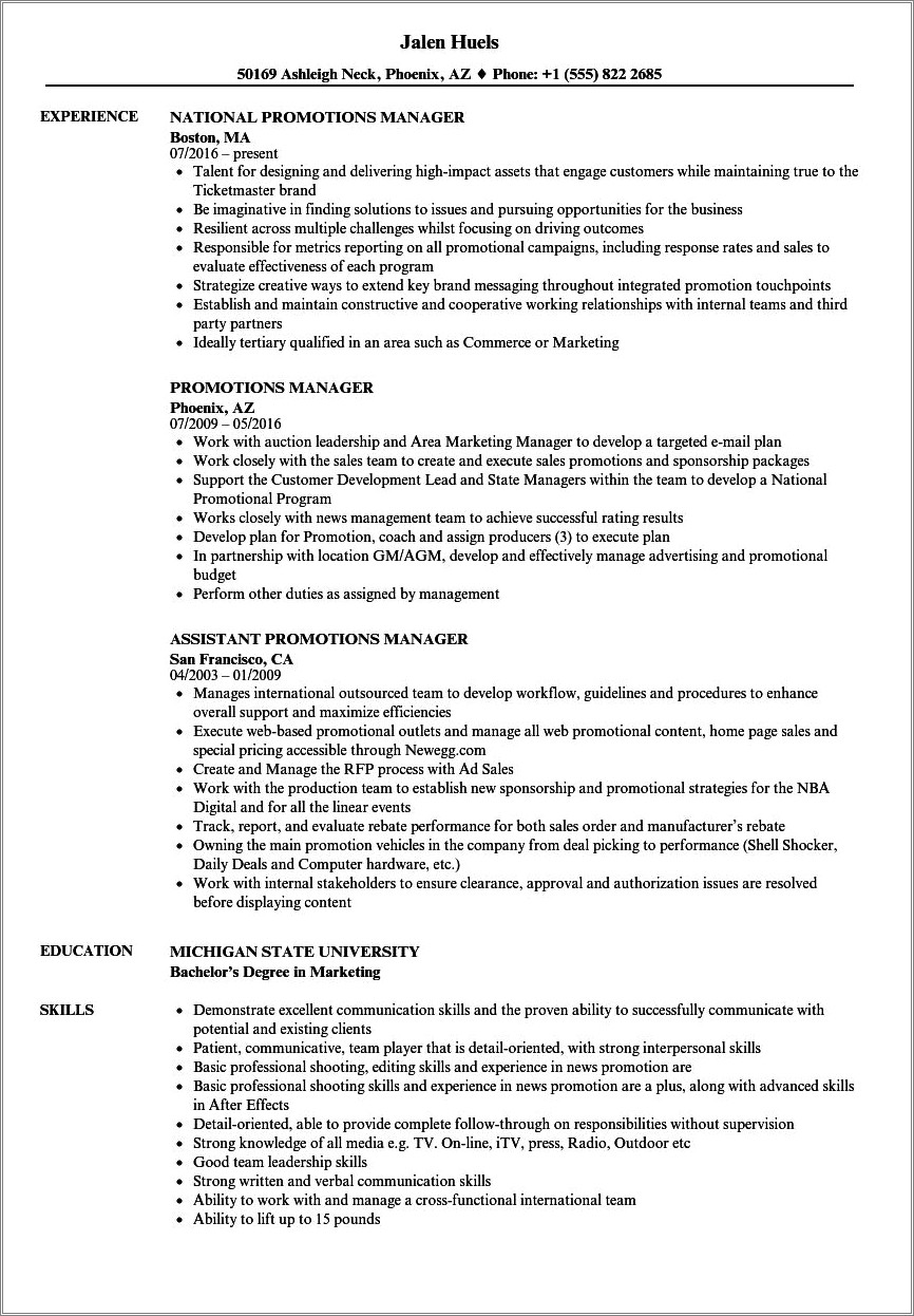 Resume Examples Promotion Within Same Company