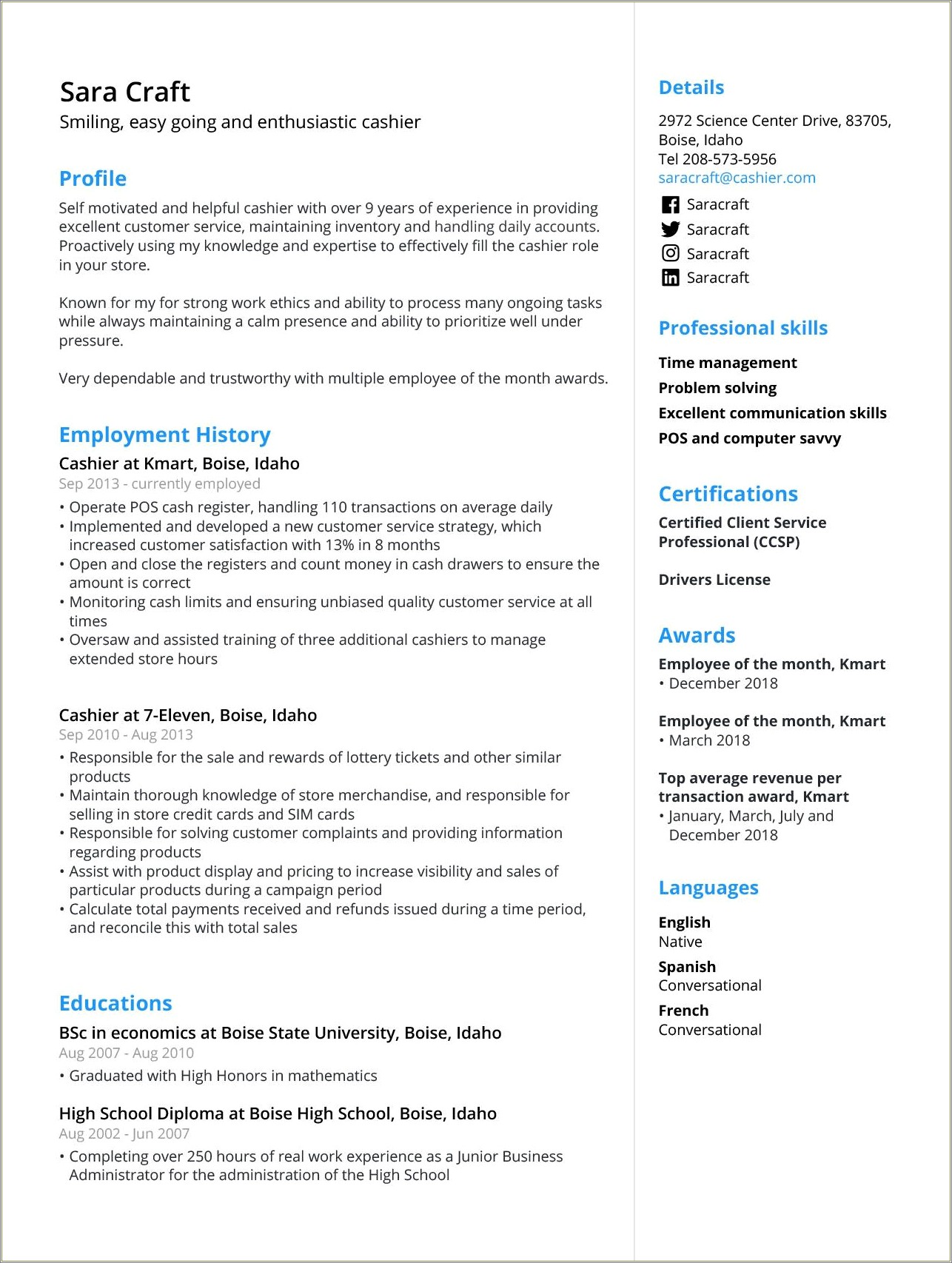 Resume Examples To Work As A Cashier