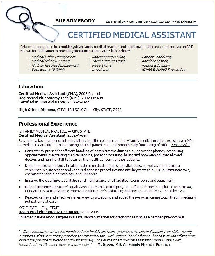 Resume Examples Word Of Medical Assistant