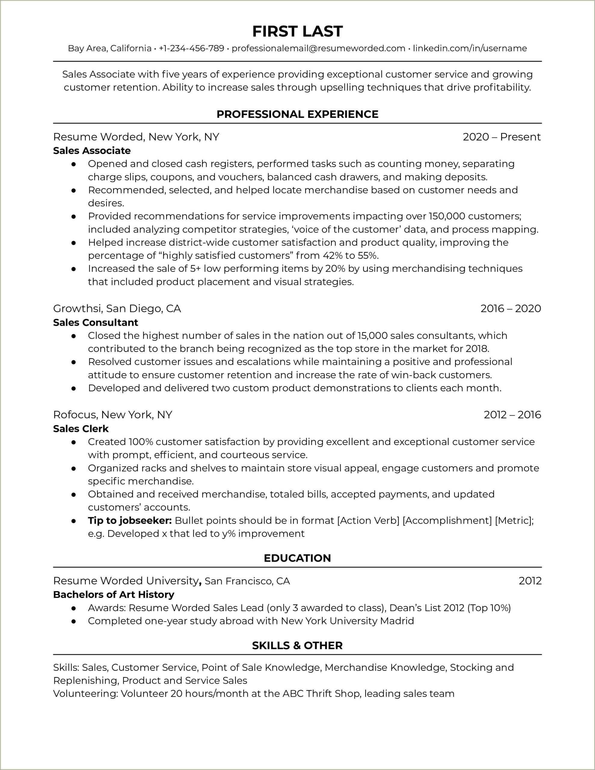 Resume Examples Work Experience For Sales Associate