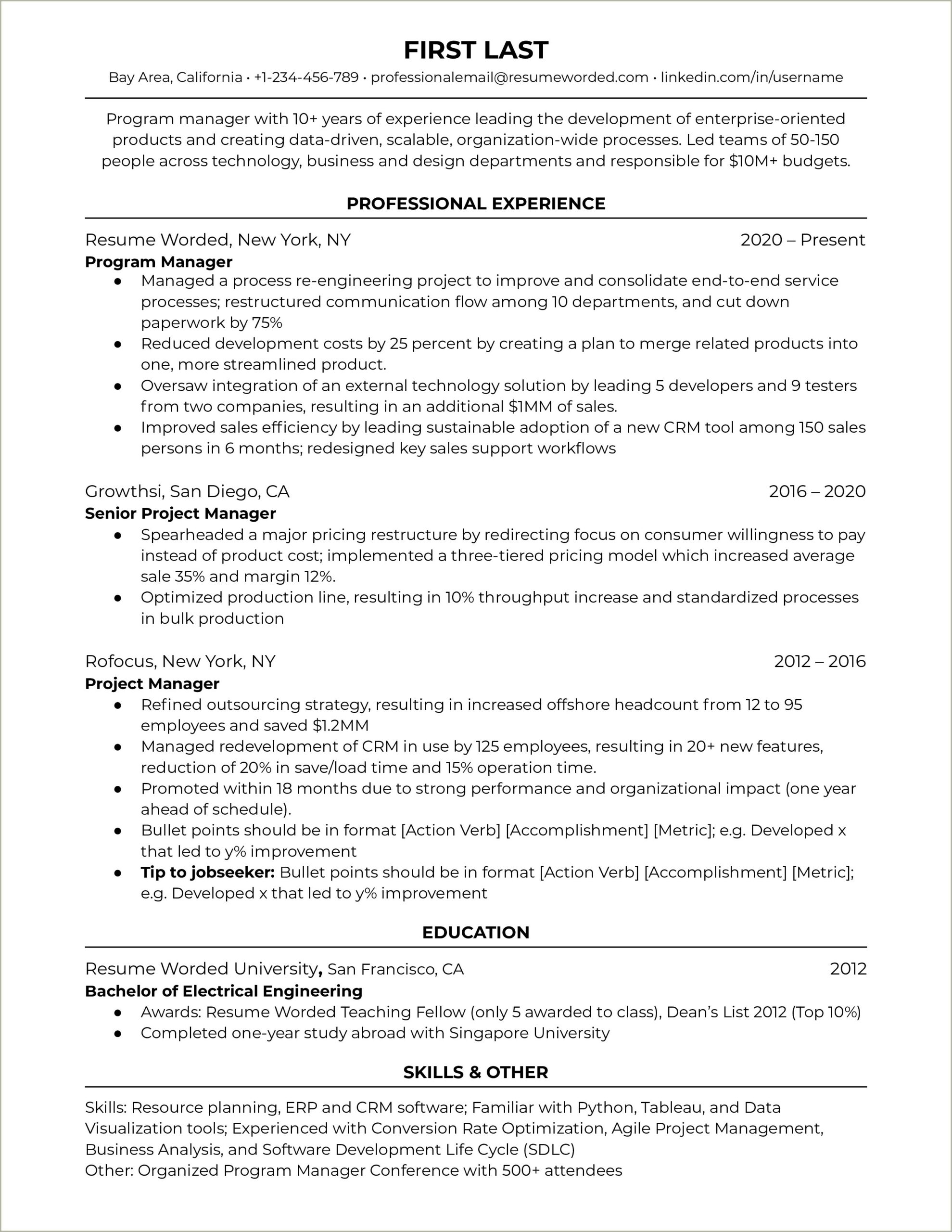Resume Experience In Program And Project Budgeting