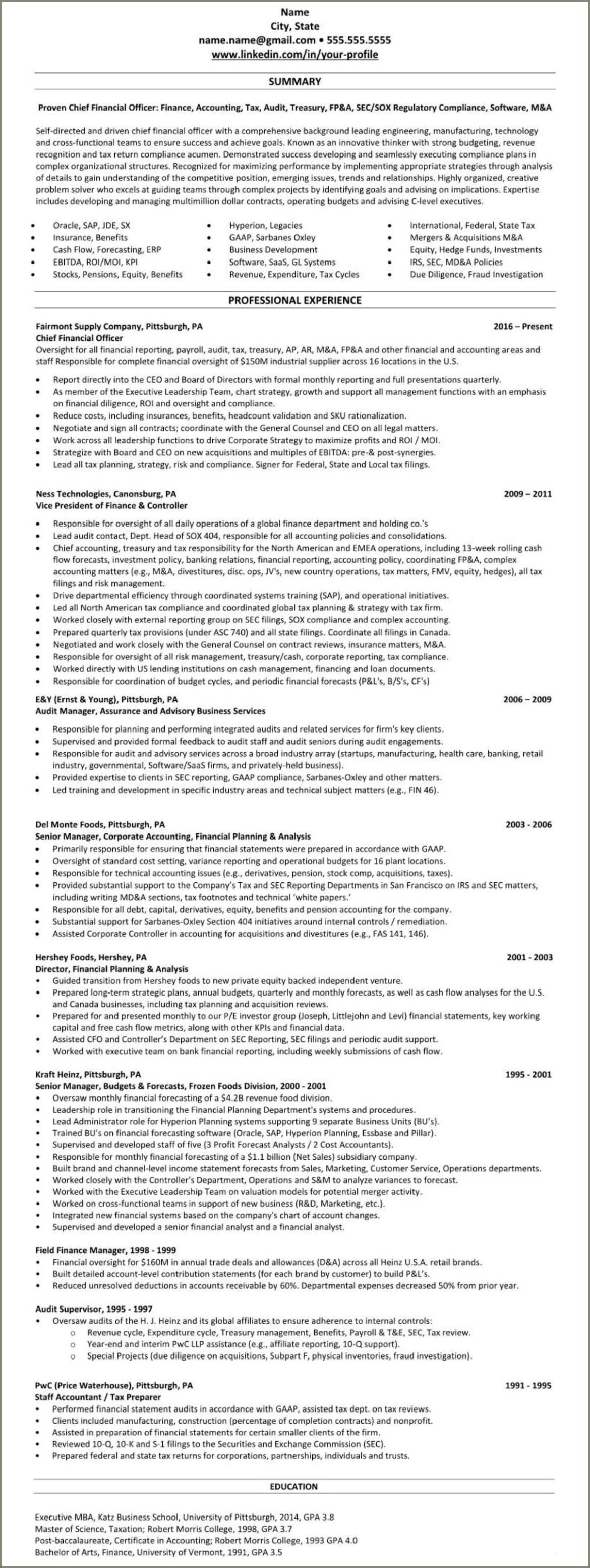 Resume Experience Sarbanes Oxley Compliance Sample