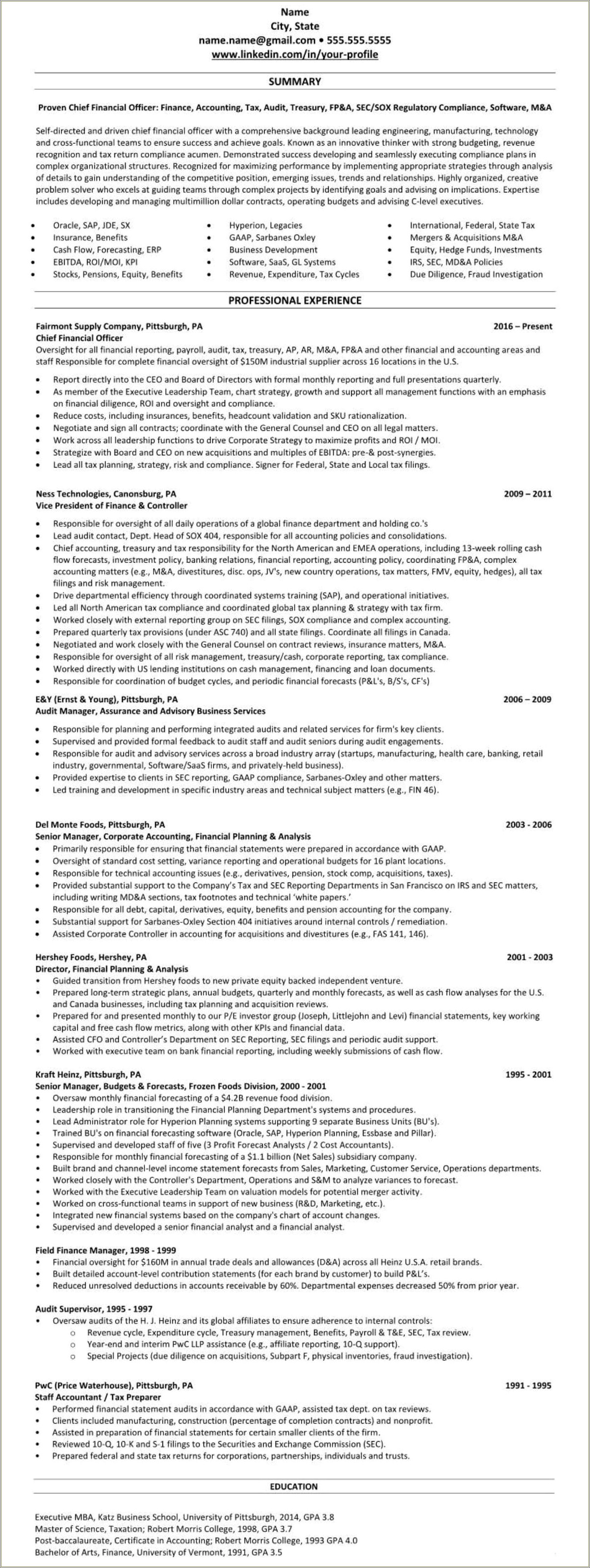 Resume Experience Sarbanes Oxley Compliance Sample