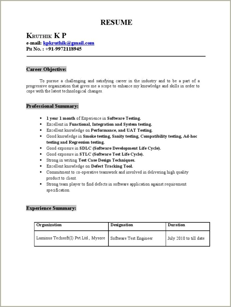 Resume For 1 2 Years Experience