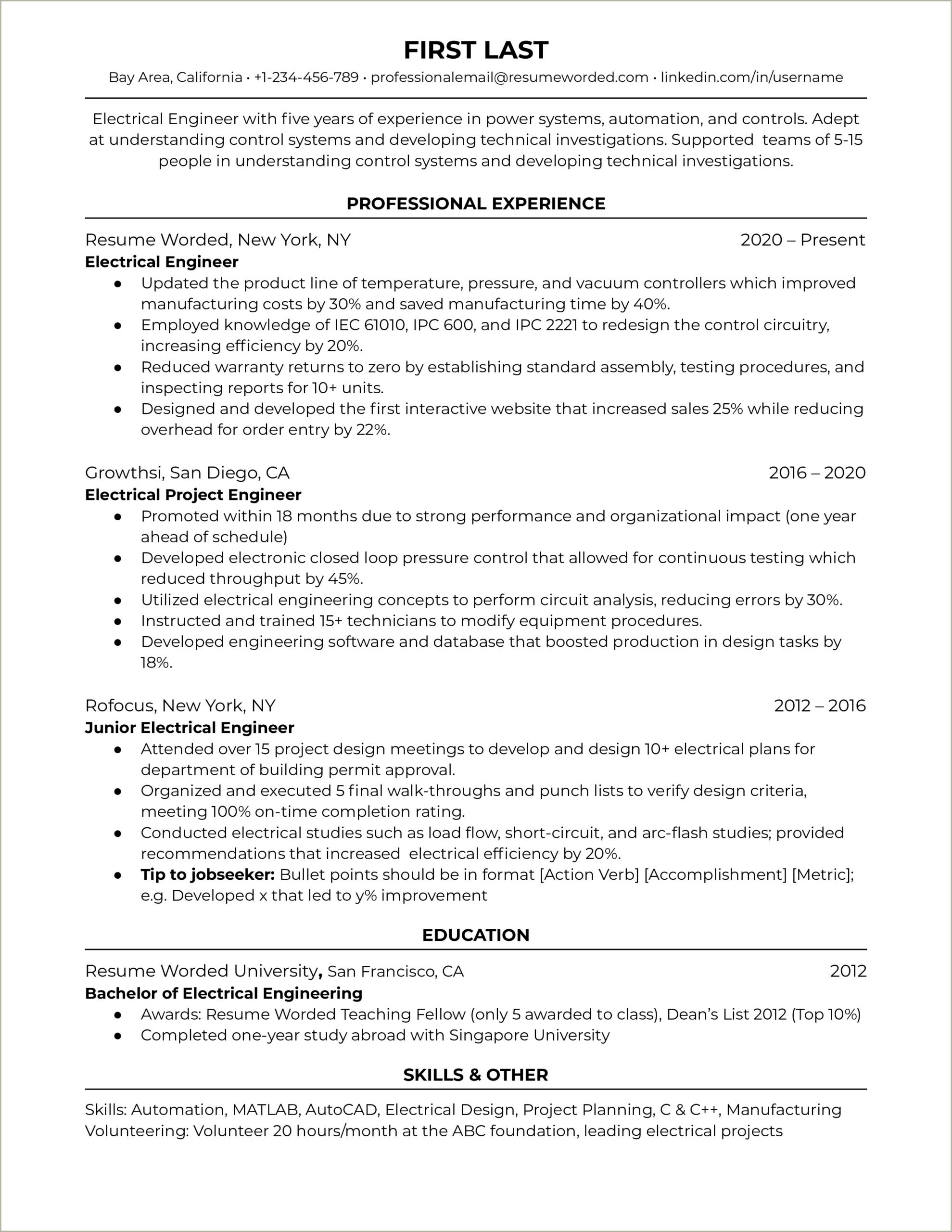 Resume For 1 Year Experience Engineer