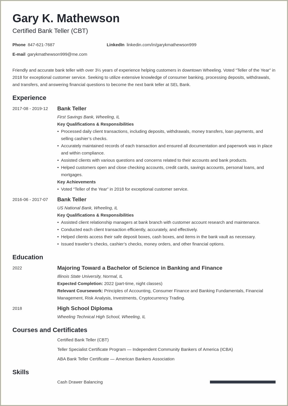 Resume For A Bank Teller With Experience