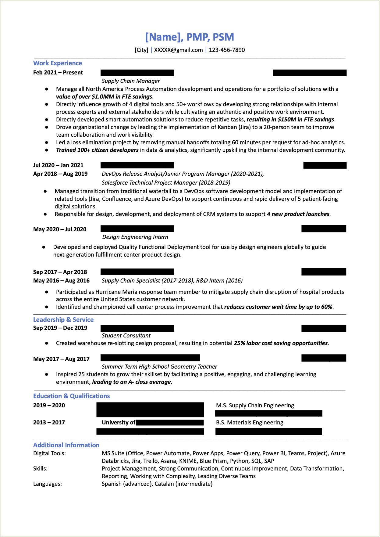 Resume For A Class Project In High School