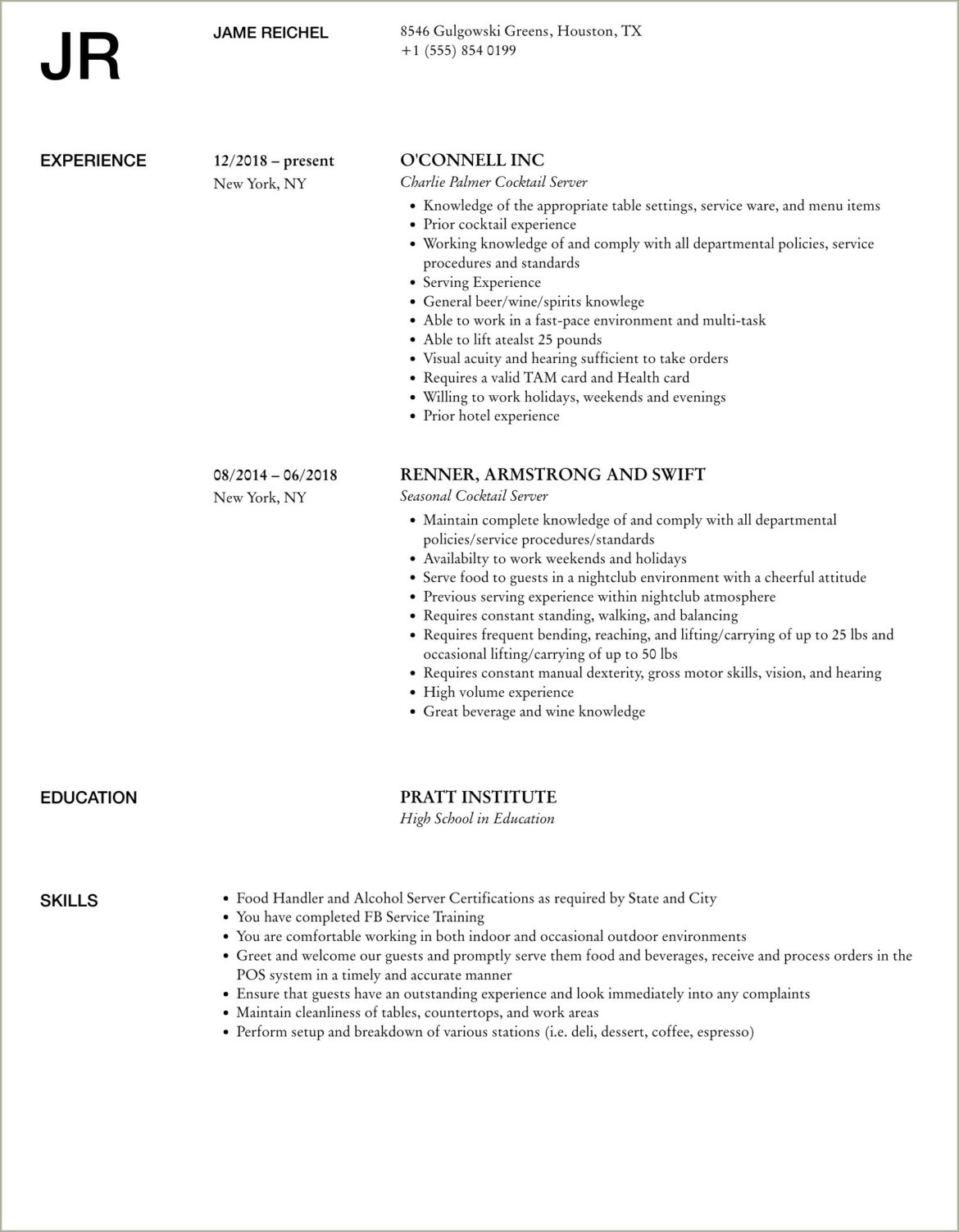 Resume For A Cocktail Waitress Job