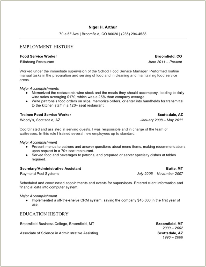 Resume For A Food Service Worker