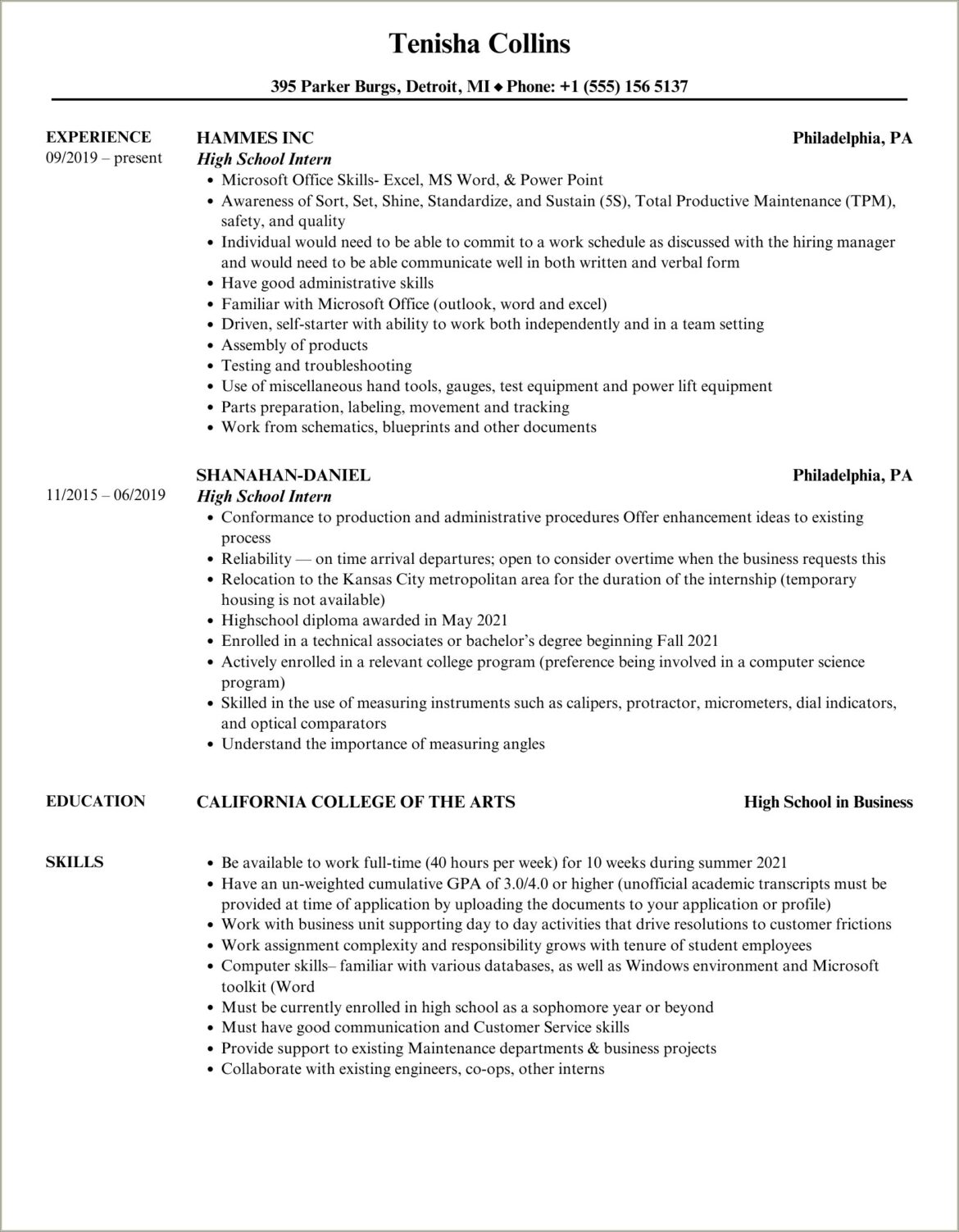 Resume For A High School Intern