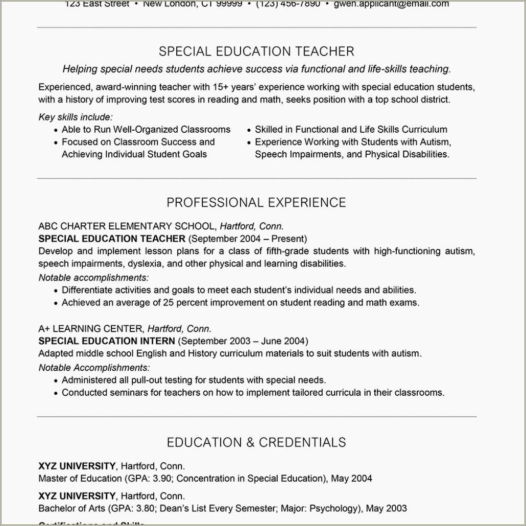 Resume For A High School Special Needs Student
