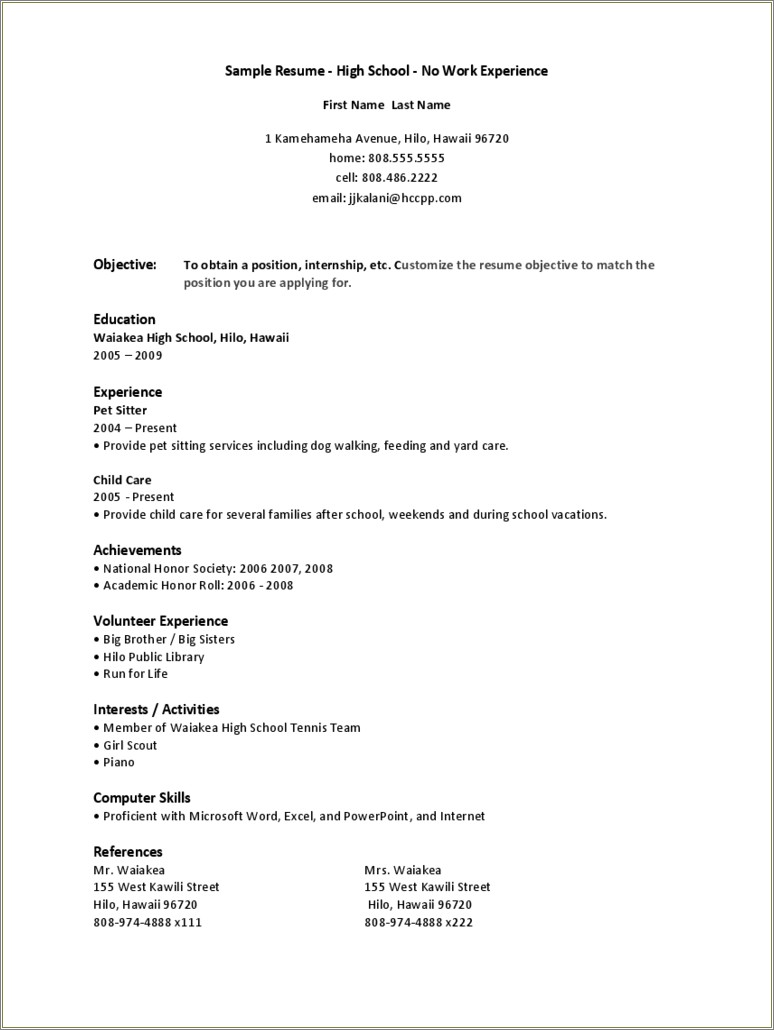 Resume For A Highschool Student Sample