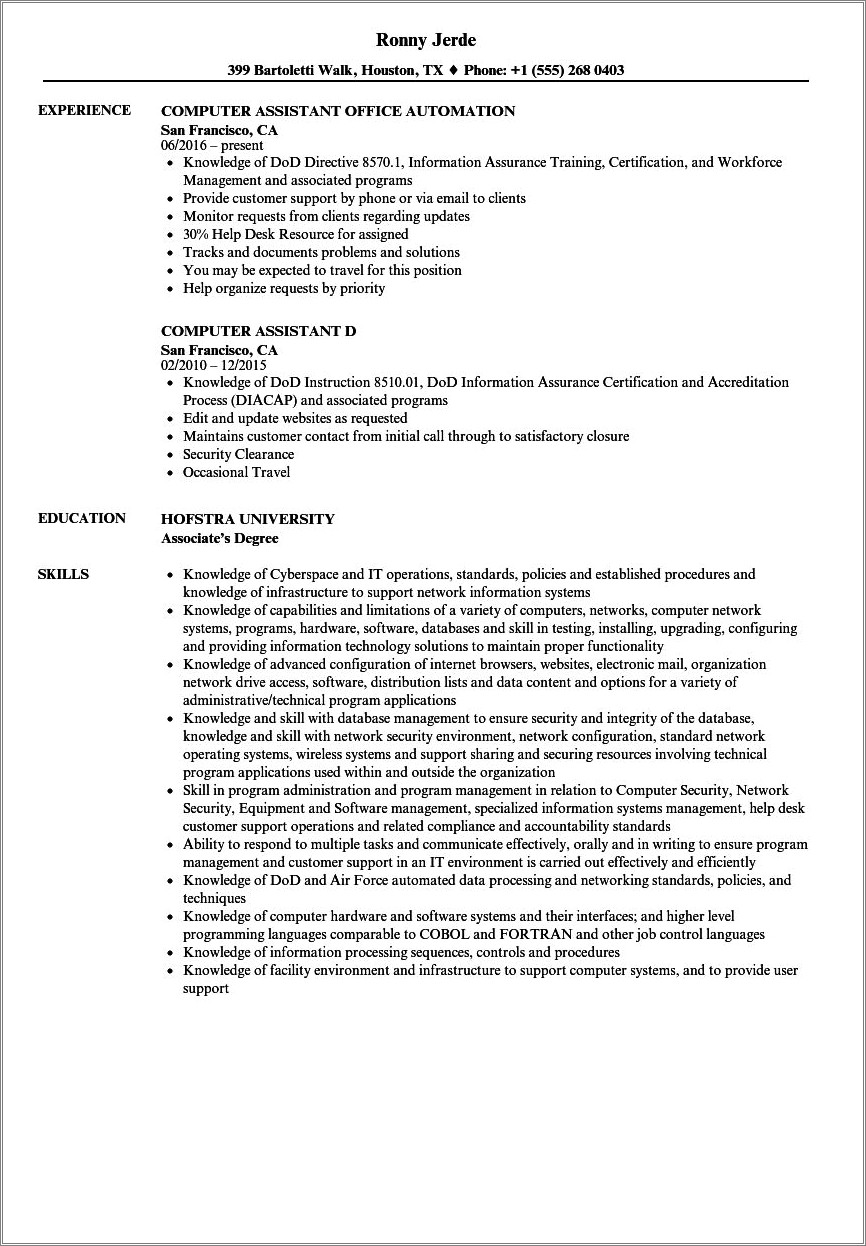 Resume For A Job With Computers