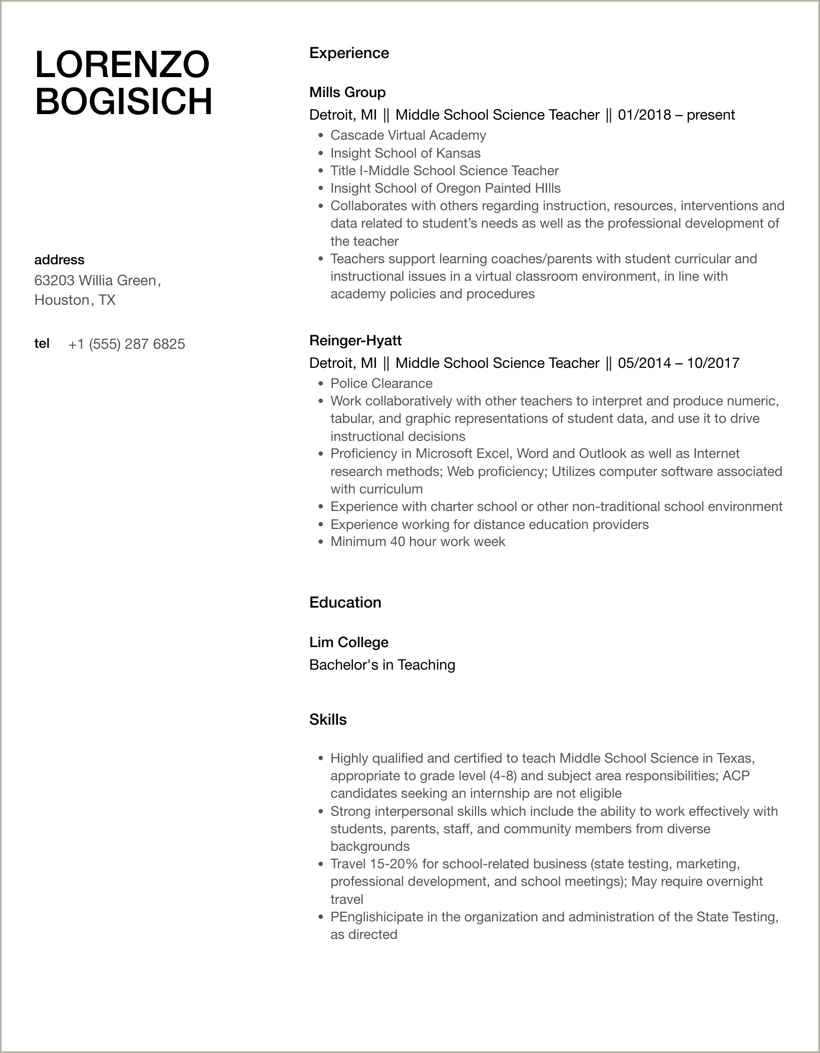 Resume For A Middle School Student