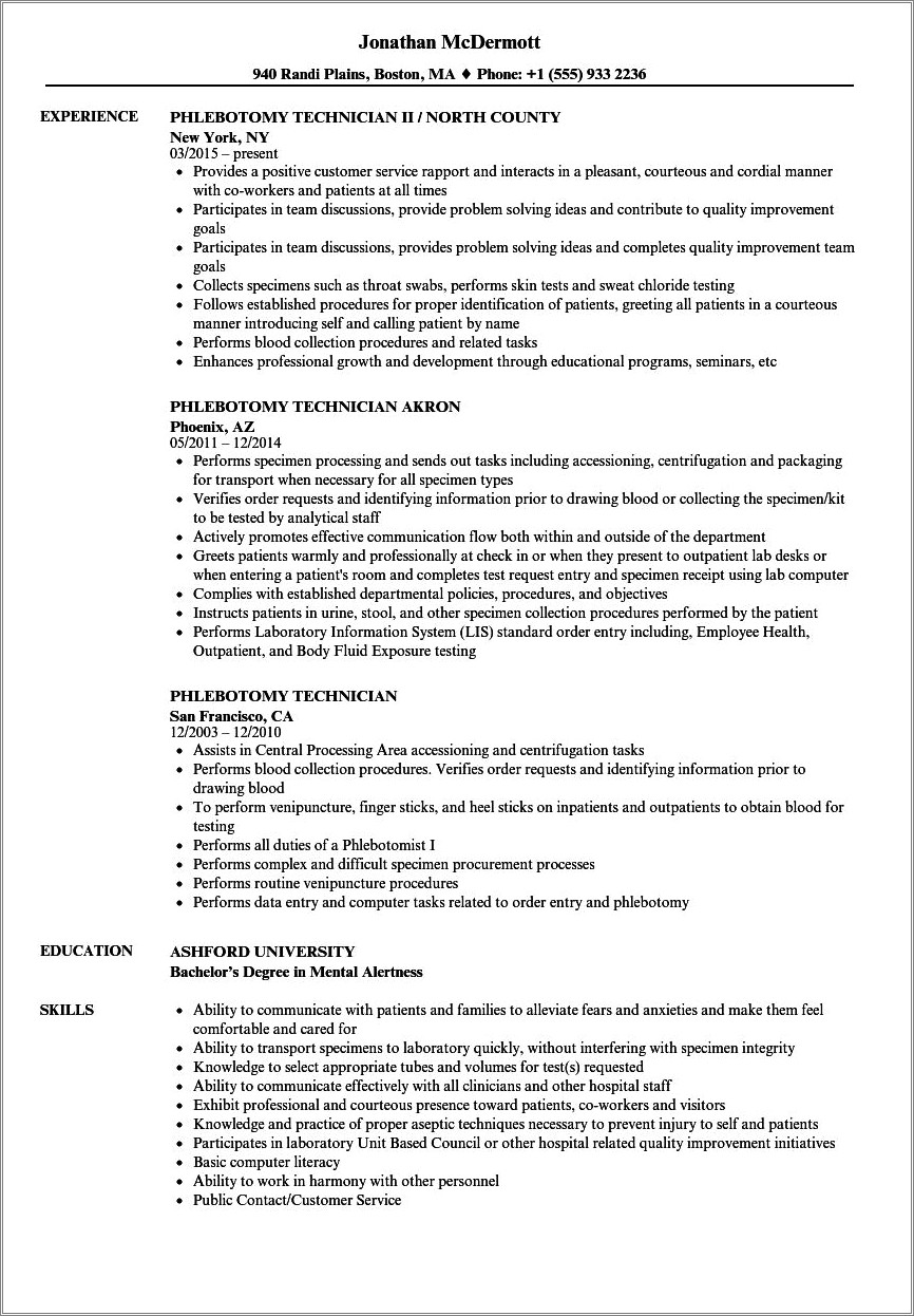 Resume For A Phlebotomist With 15 Years Experience
