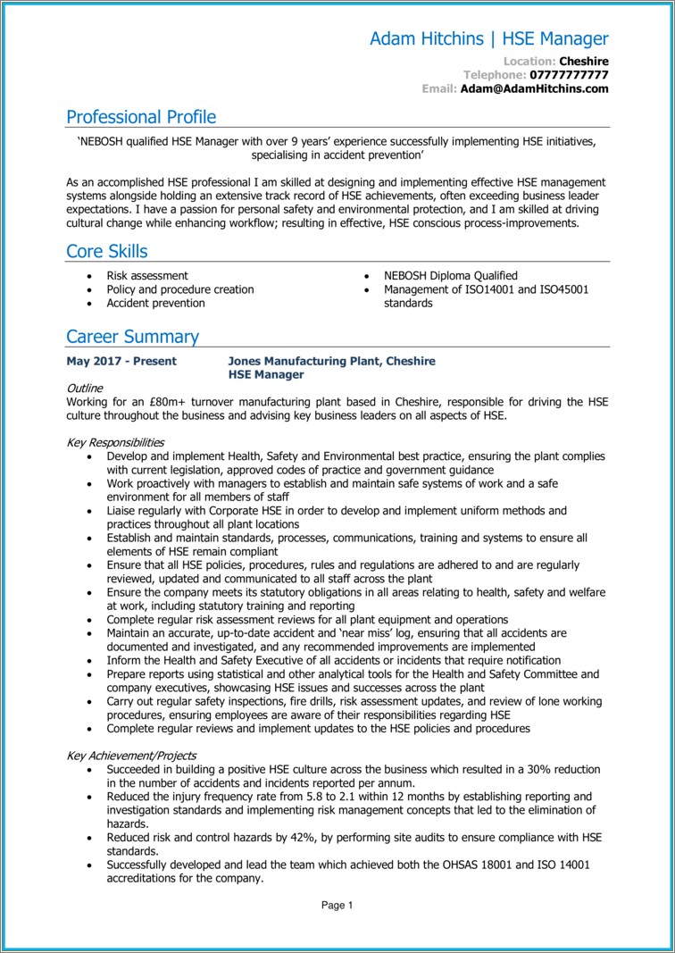 Resume For A Prevention And Protection Manager