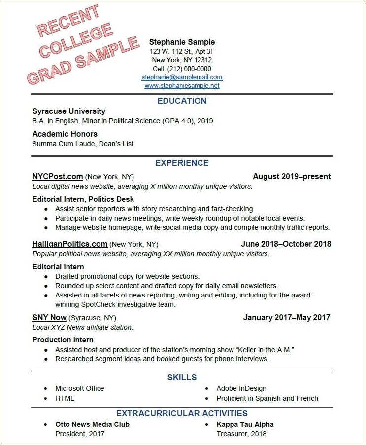 Resume For A Recent College Graduate Examples