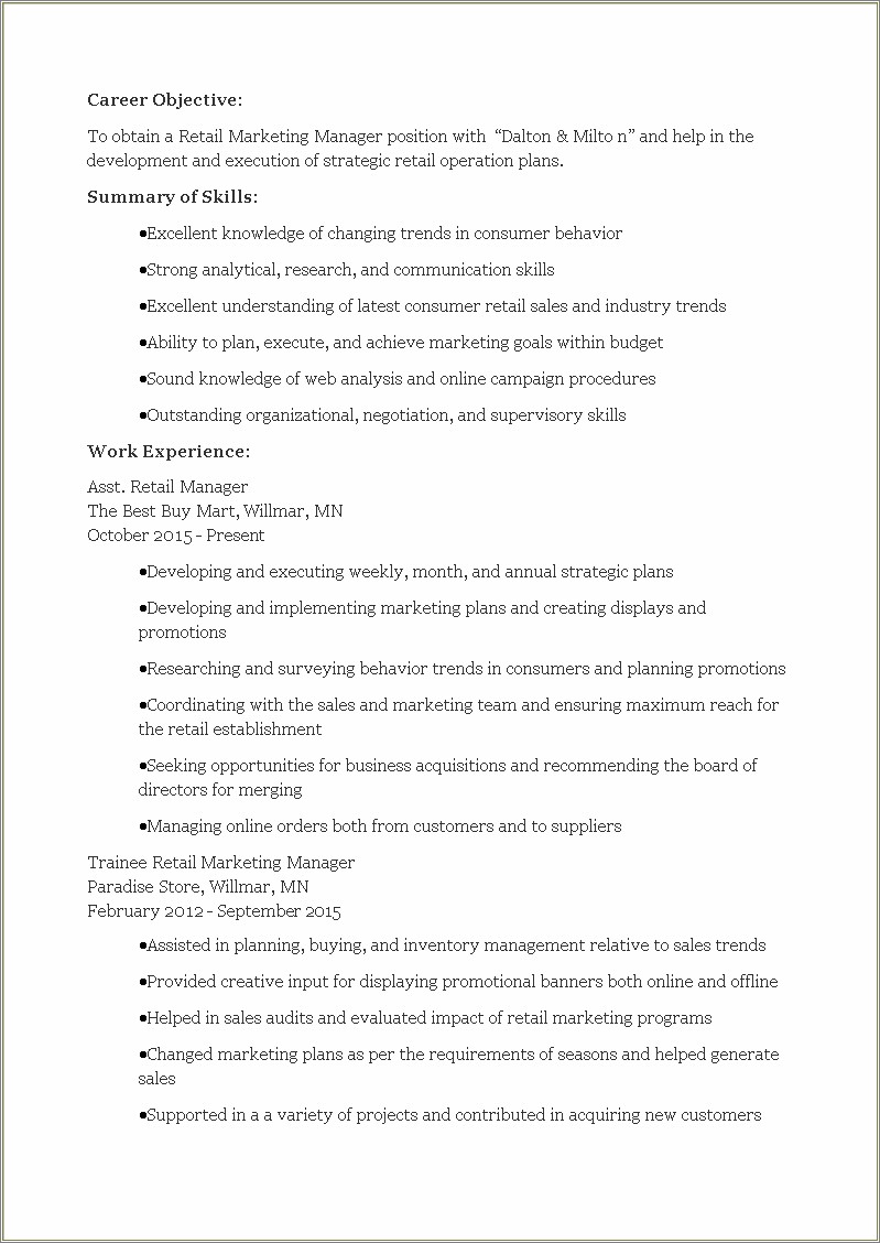 Resume For A Sales And Marketing Manager