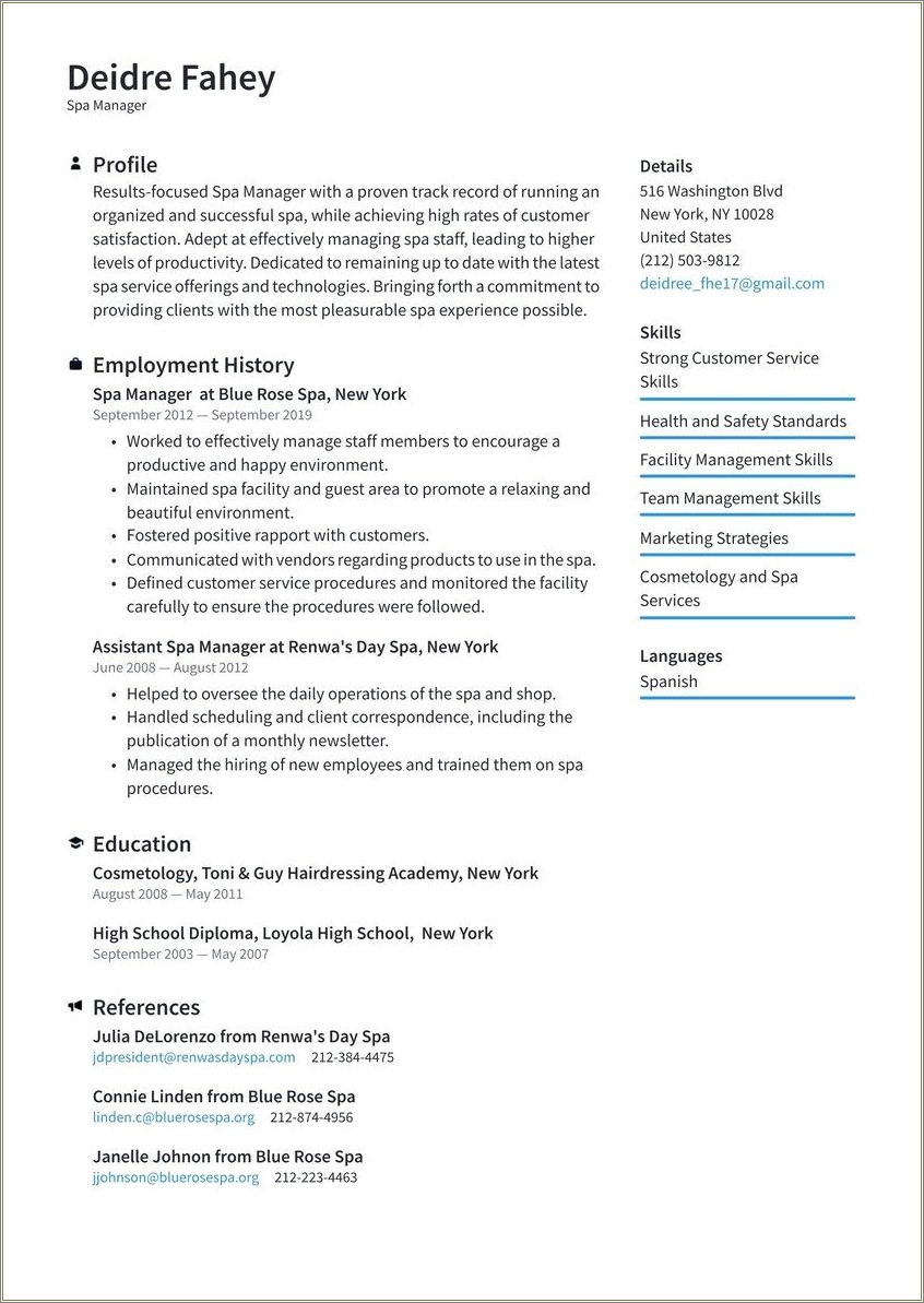 Resume For A Spa Manager Example