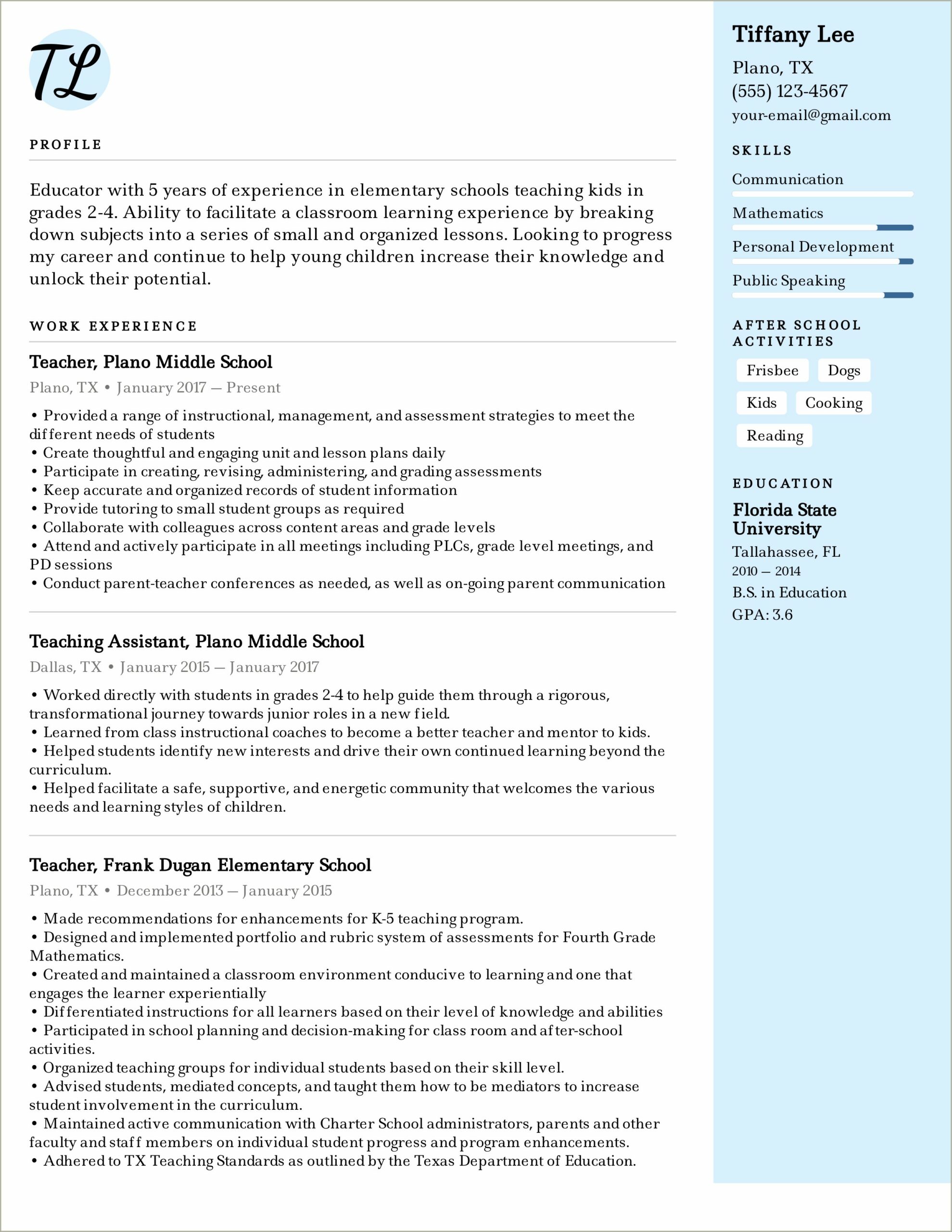 Resume For A Teaching Position Sample