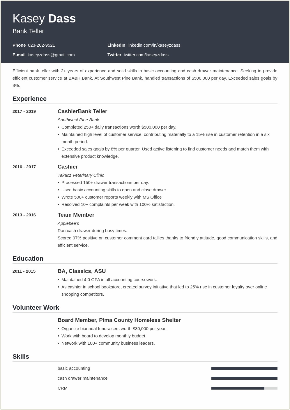 Resume For A Teller At Bank Without Experience