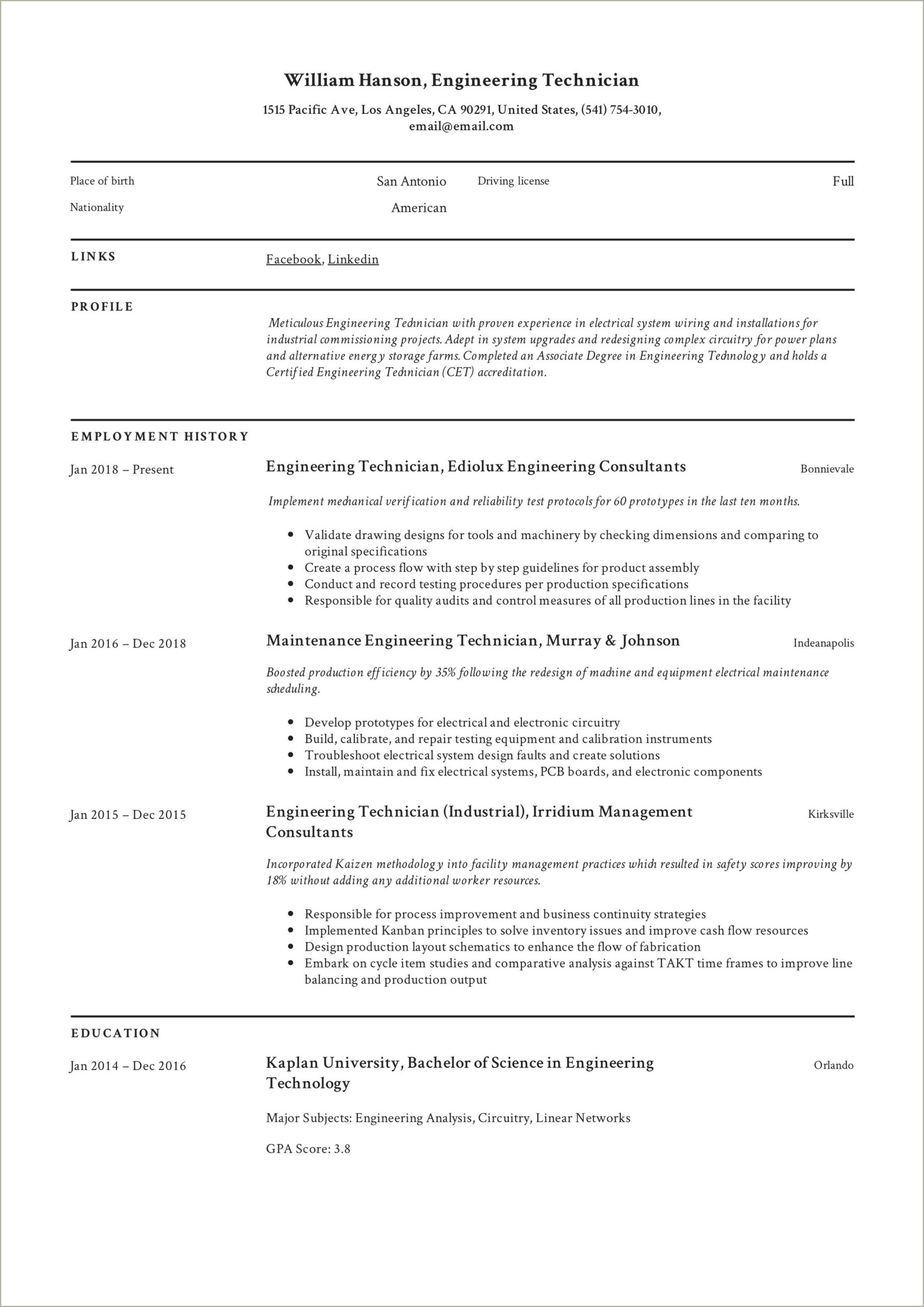 Resume For A Va Engineering Jobs