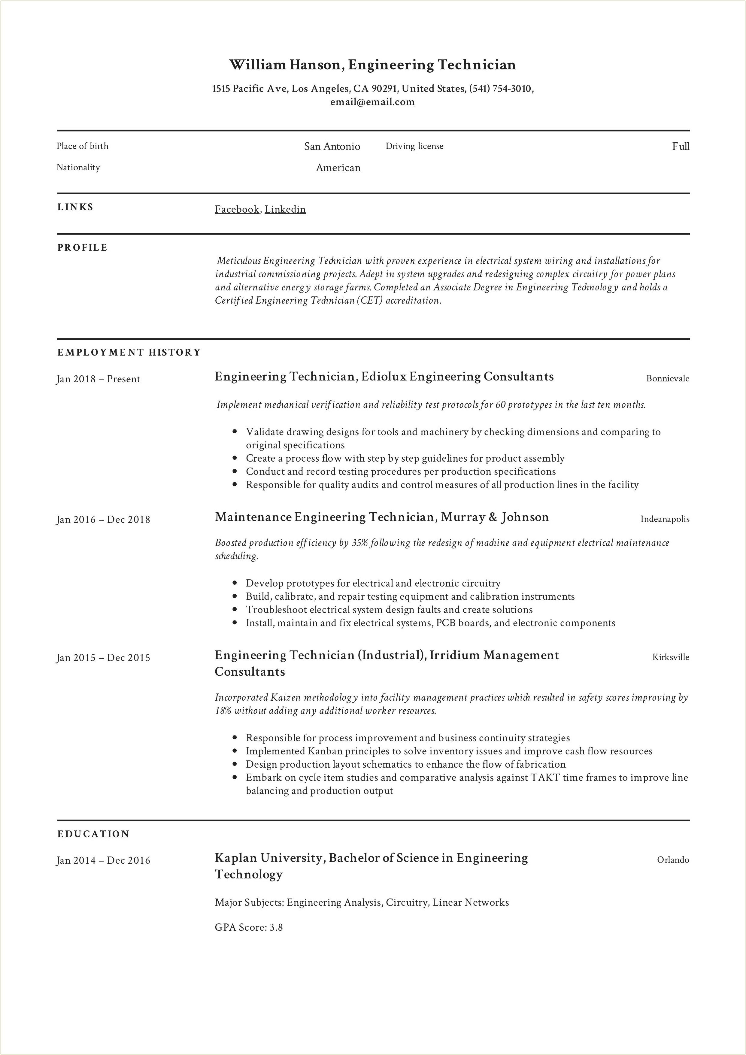 Resume For A Va Engineering Jobs