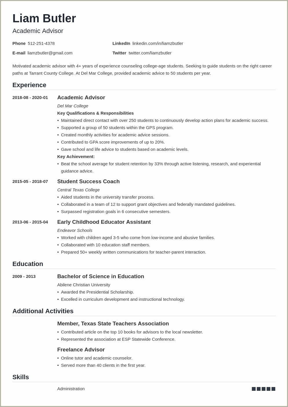 Resume For Academic Advising No Experience