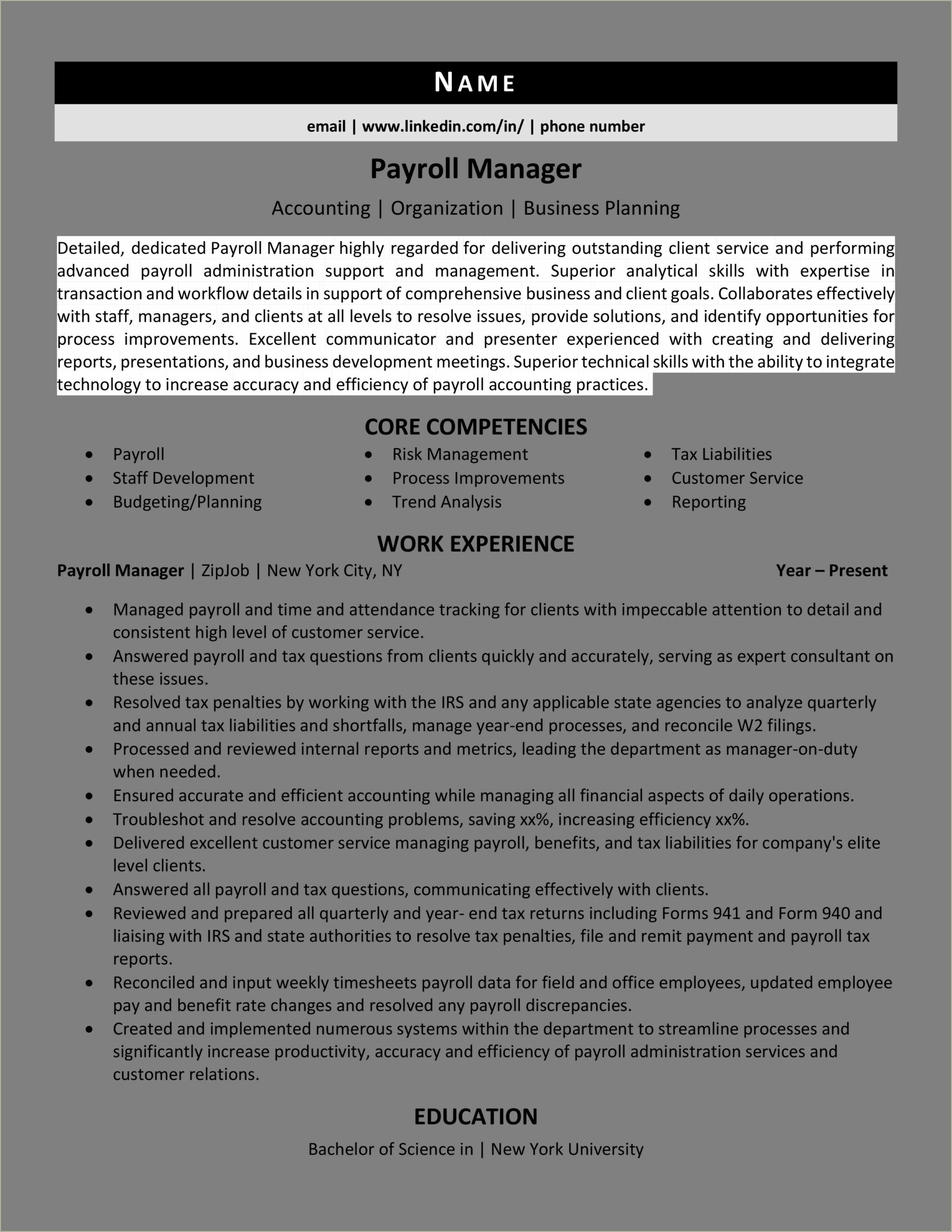 Resume For Accountant With Tax Experience And Payroll