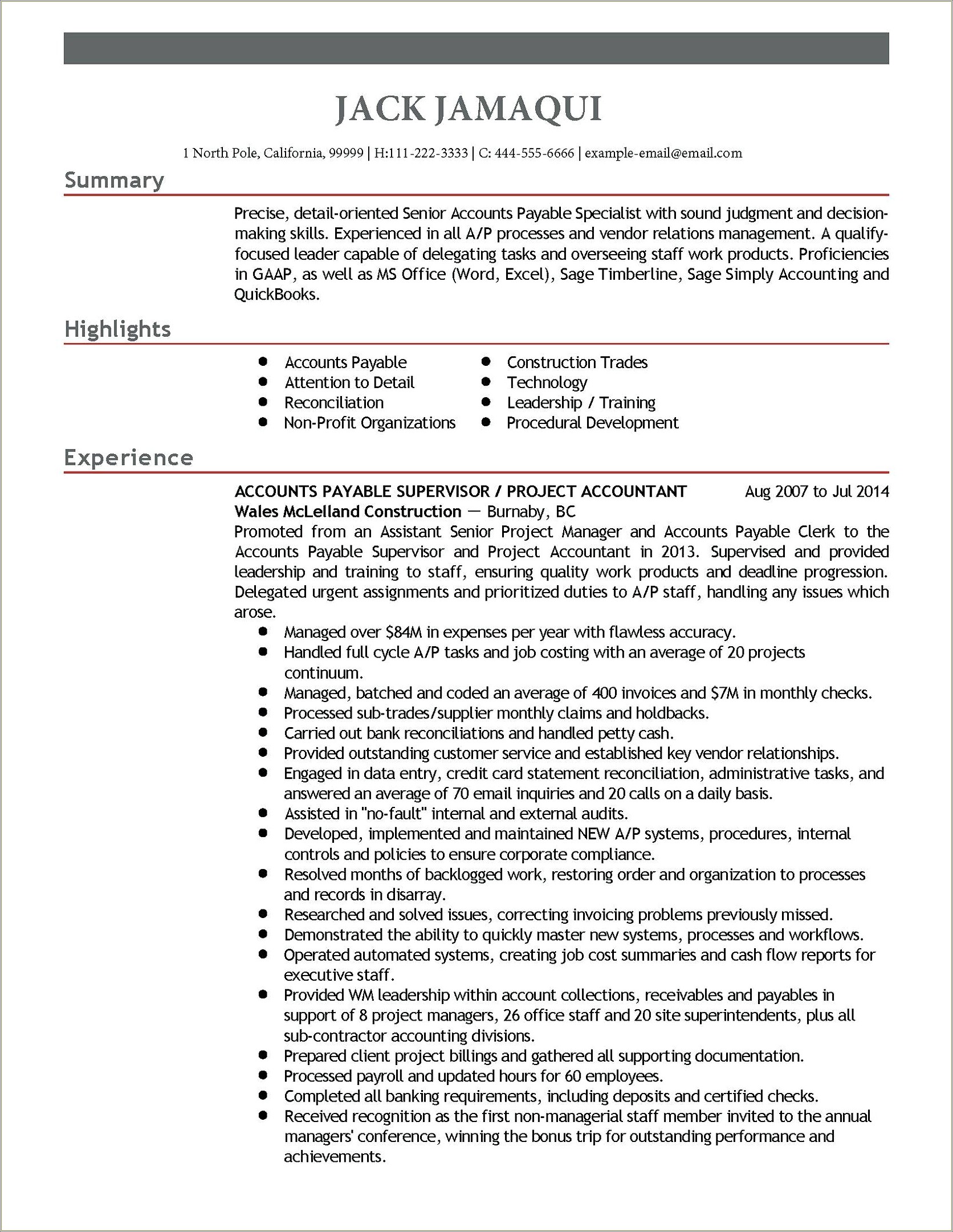 Resume For Accounts Payable Assistant Manager