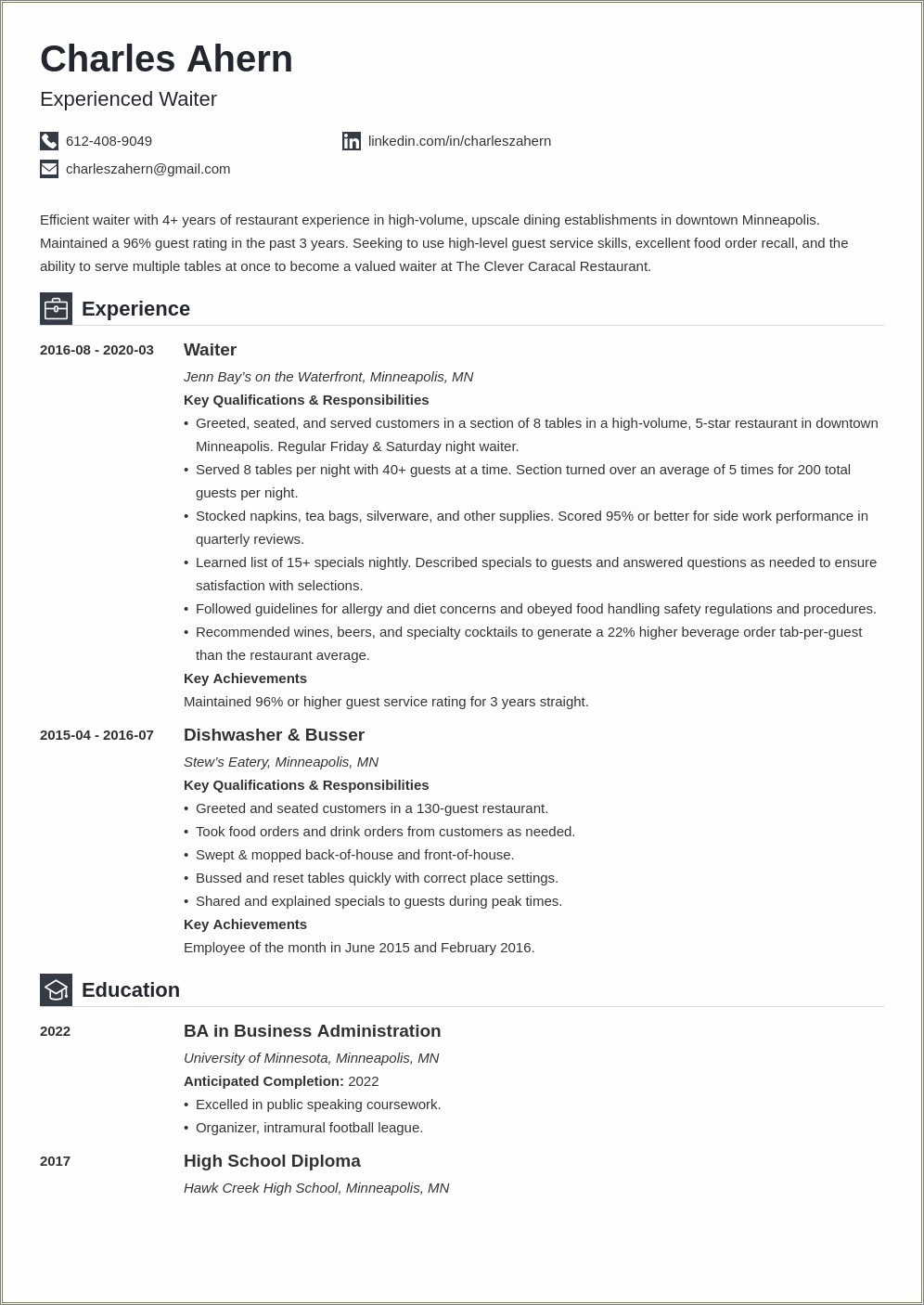 Resume For Admin Work With Restaurant Expereince