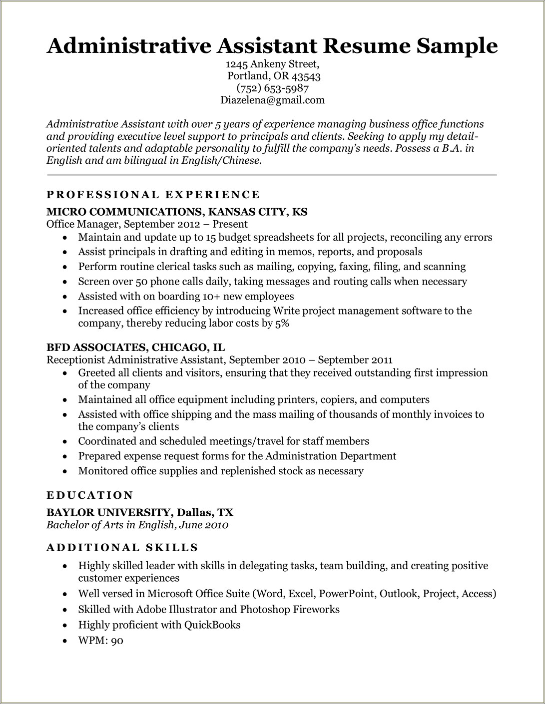 Resume For Administrative Assistant Office Manager